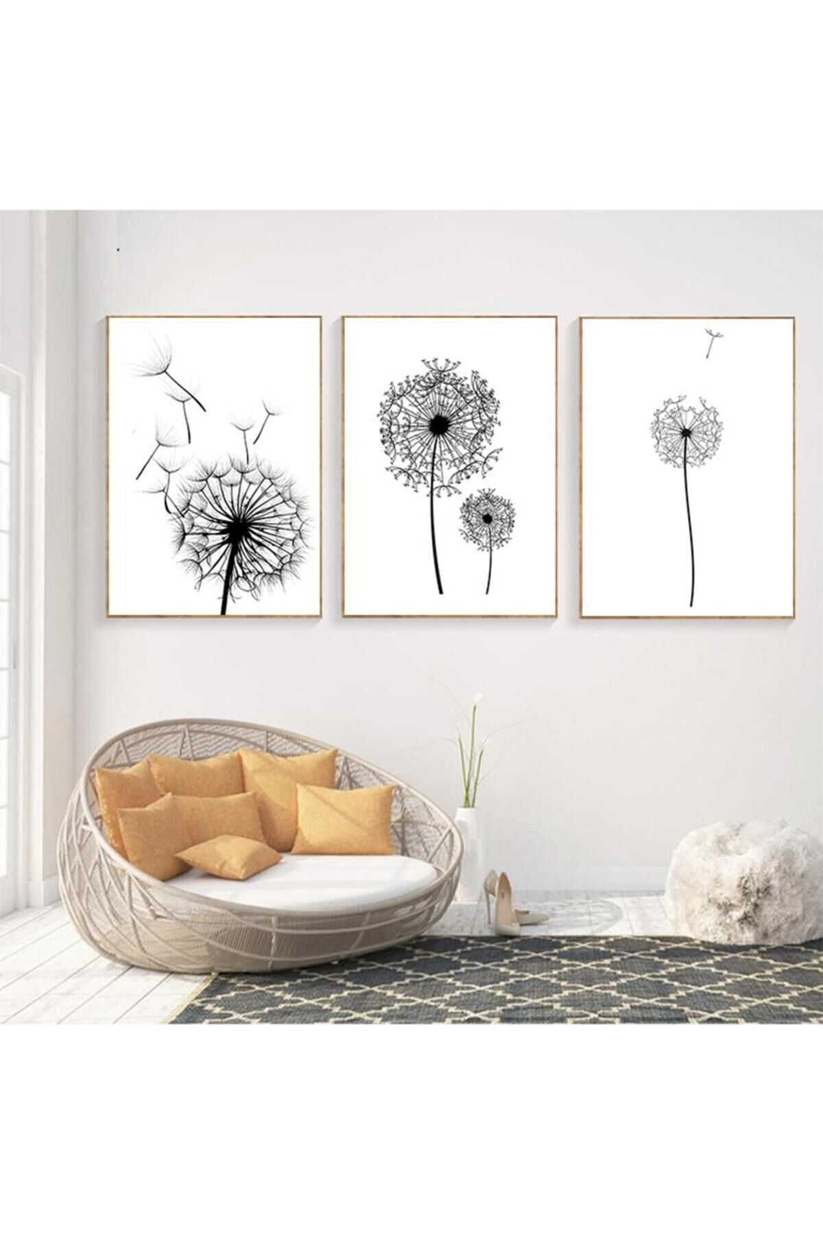 3lü Gold Metal Çerçeveli Siyah Karahindiba Camlı Tablo Seti