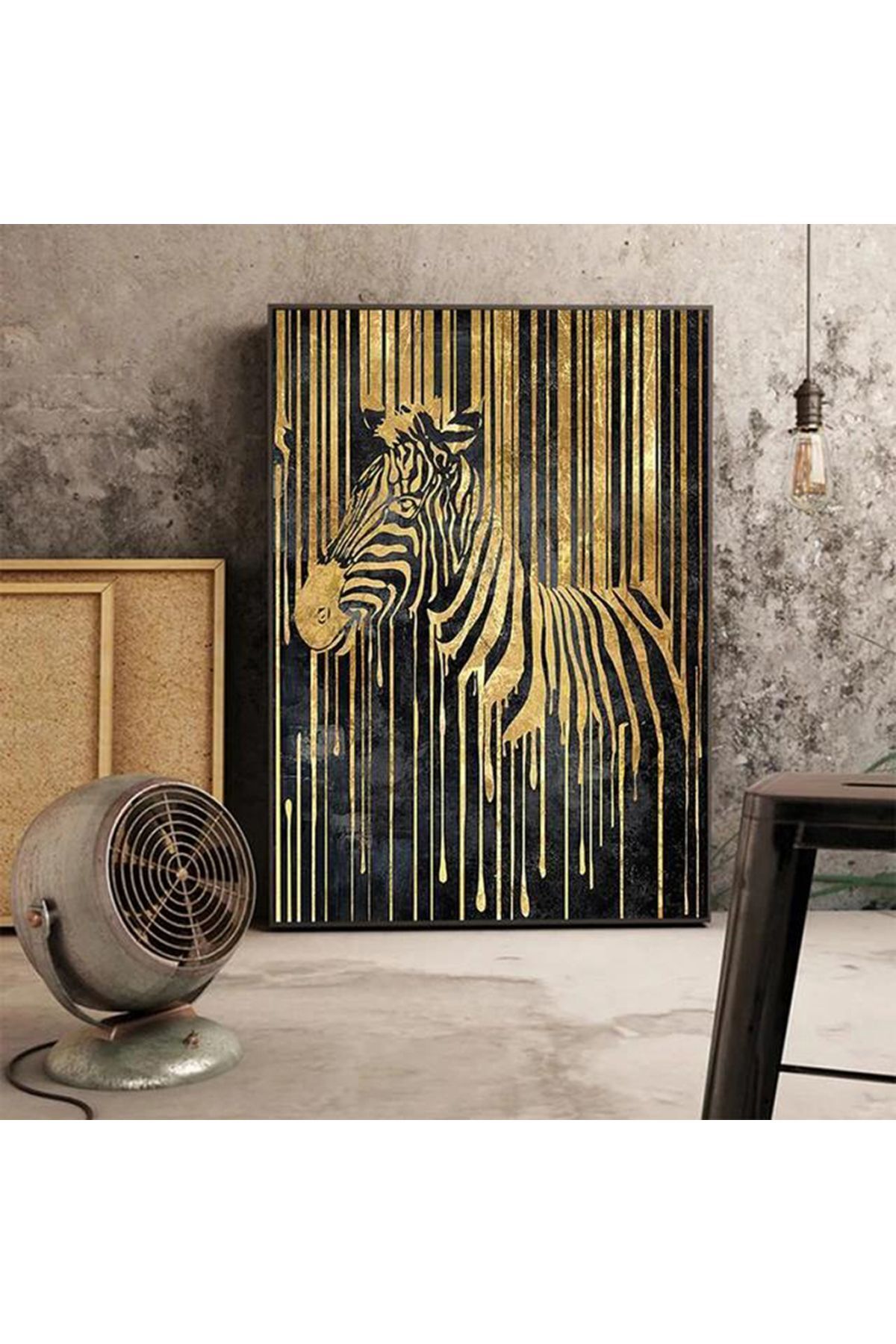 Tekli Siyah Metal Çerçeveli Gold Zebra Poster Cam Tablo Seti