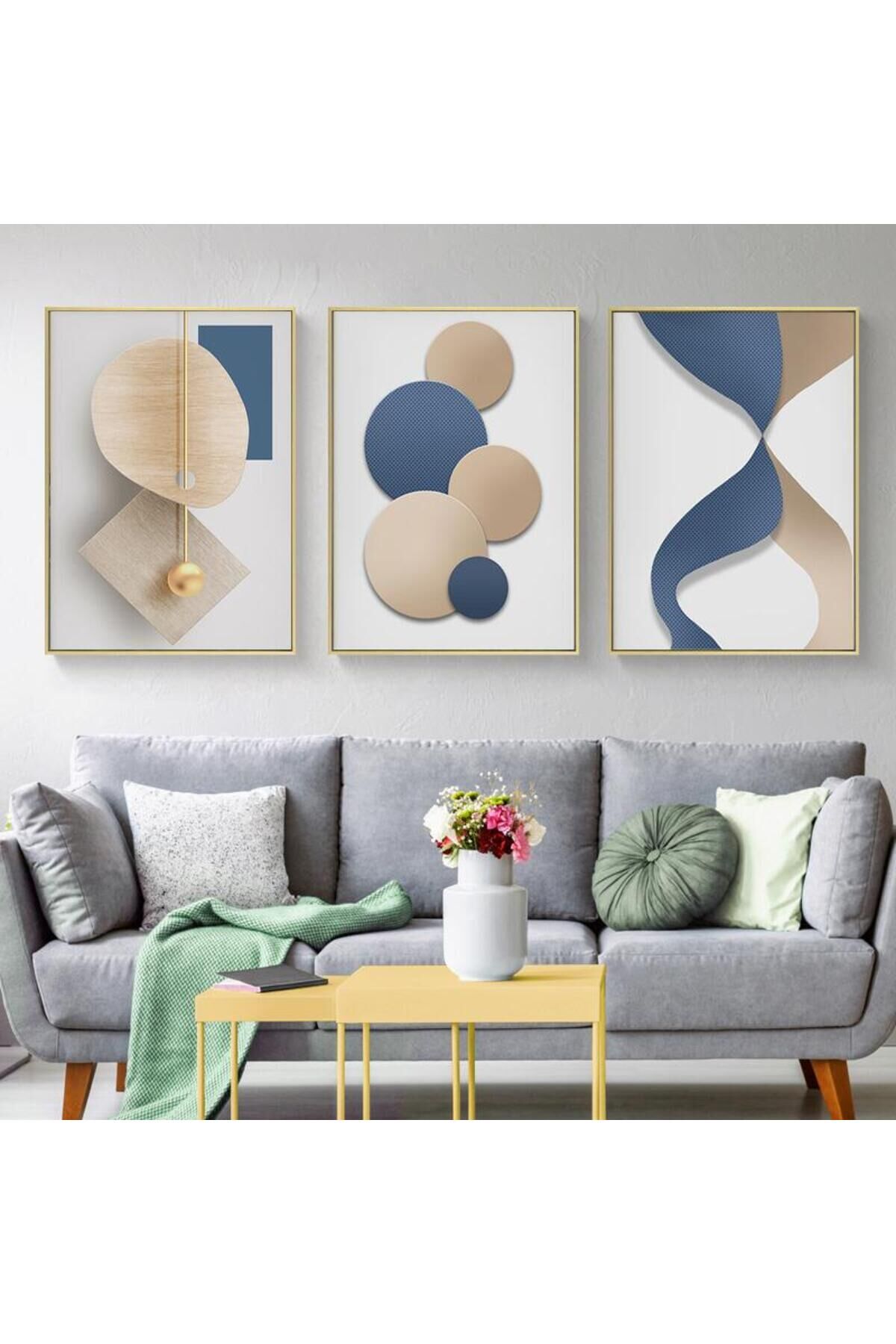 3lü Gold Metal Çerçeveli Soyut Mavi Krem Camlı Tablo Seti