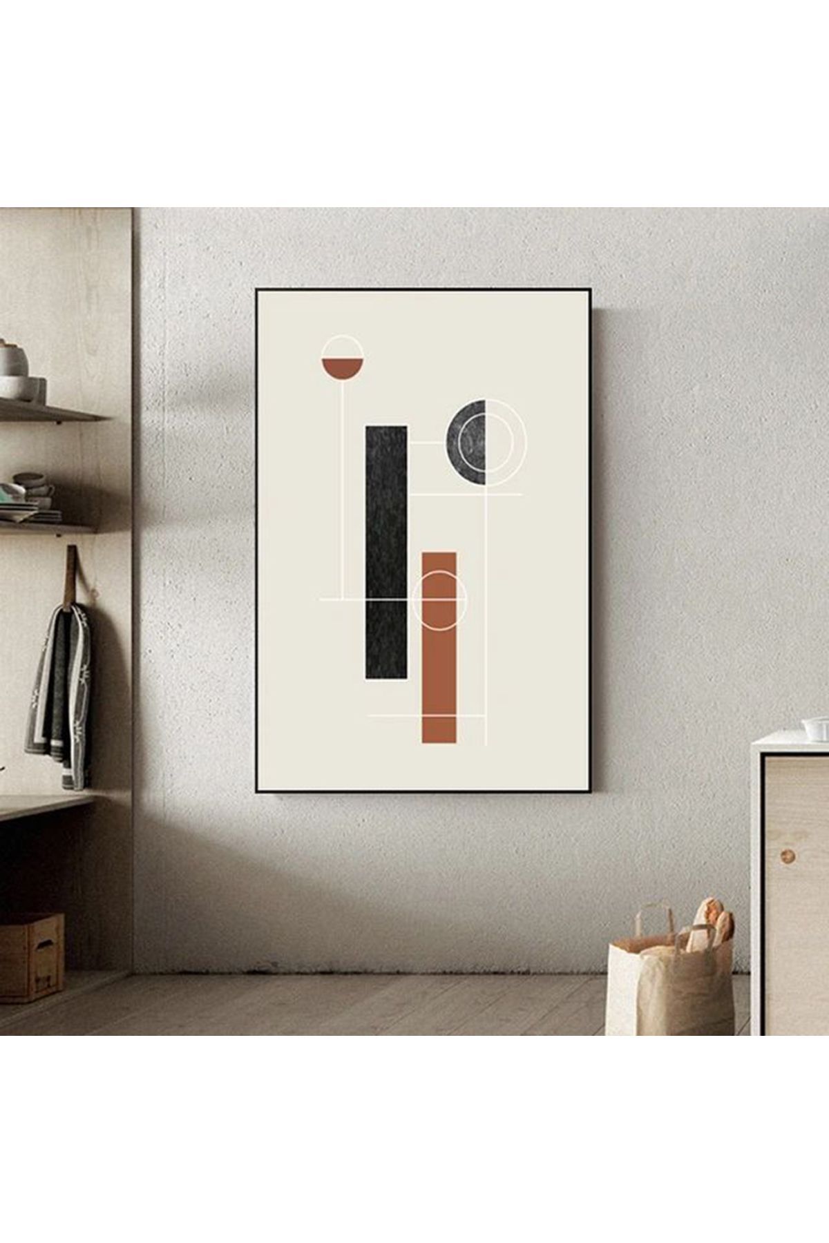 Tekli Siyah Metal Çerçeveli Krem Modern Poster Cam Tablo Seti