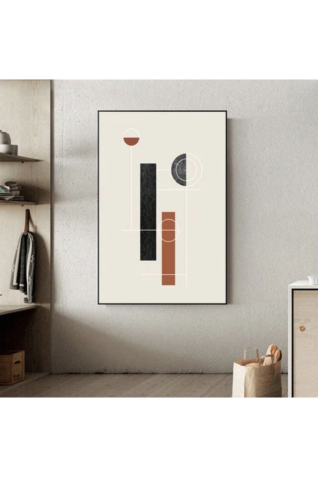 Tekli Siyah Metal Çerçeveli Krem Modern Poster Cam Tablo Seti