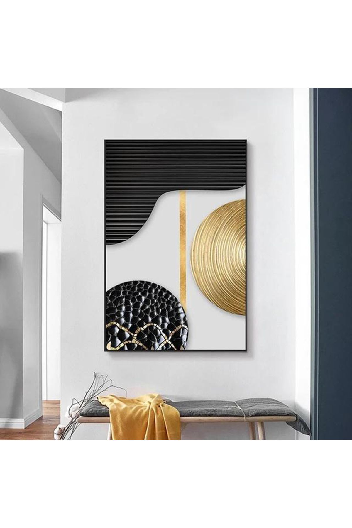 Tekli Siyah Metal Çerçeveli Gold Daire Poster Cam Tablo Seti