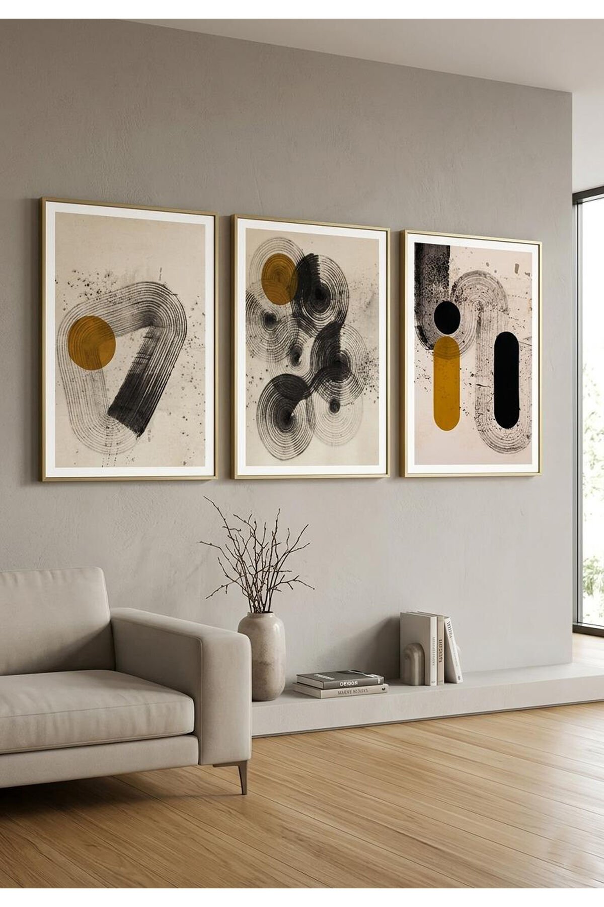 Üçlü Gold Metal Hardal ve Siyah Soyut Geometrik Modern Salon Duvar Dekoru Camlı Tablo Seti