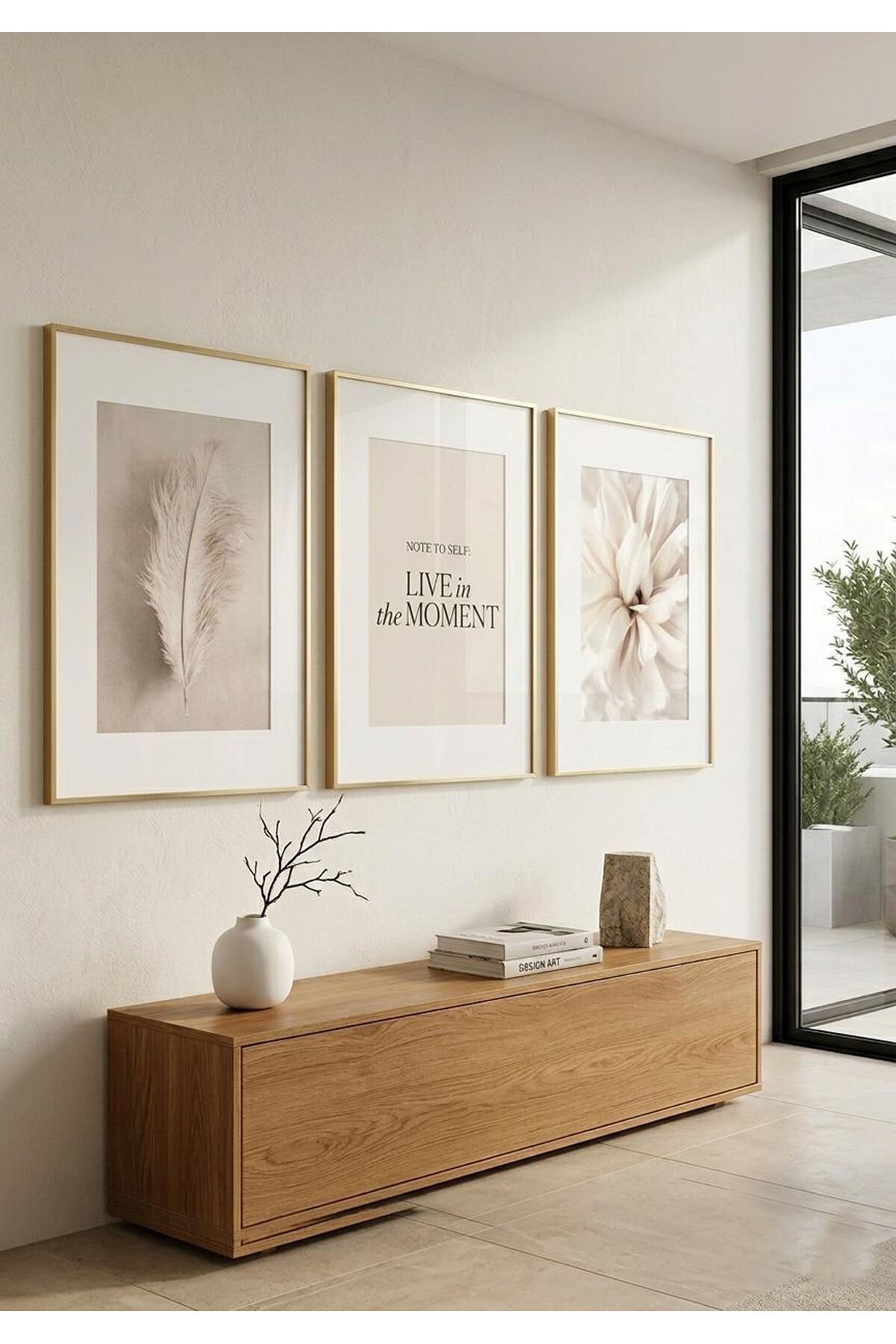 Gold Metal Çerçeveli 3’lü Bej ve Beyaz Tonlu Minimalist Duvar Dekoru Camlı Tablo Seti