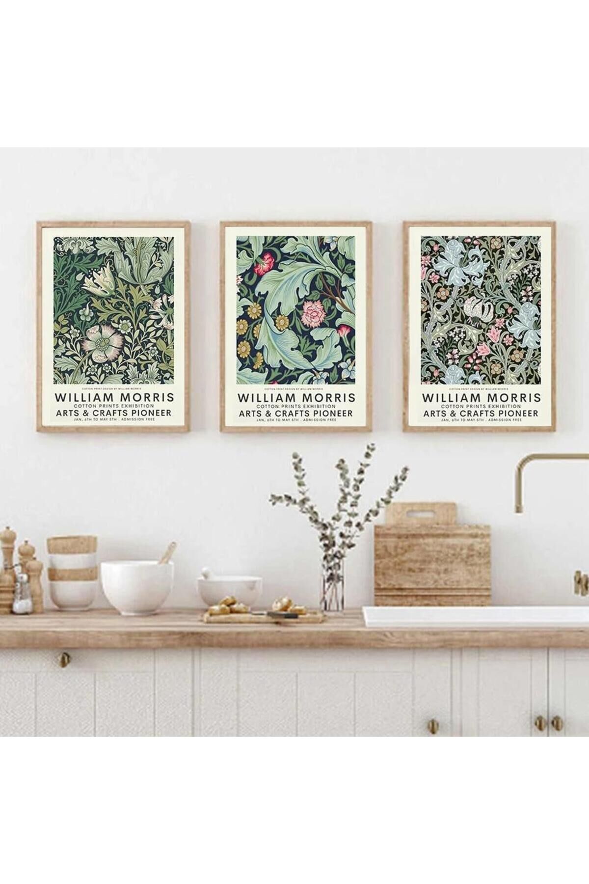 Üçlü Gold Metal Çerçeveli Morris Art Sanat Yeşil Cam Tablo Seti