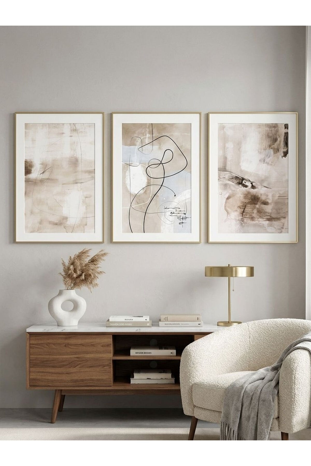 Gold Çerçeveli 3’lü Soyut Soft Bej ve Kahve Tonları Minimalist Camlı Tablo Seti