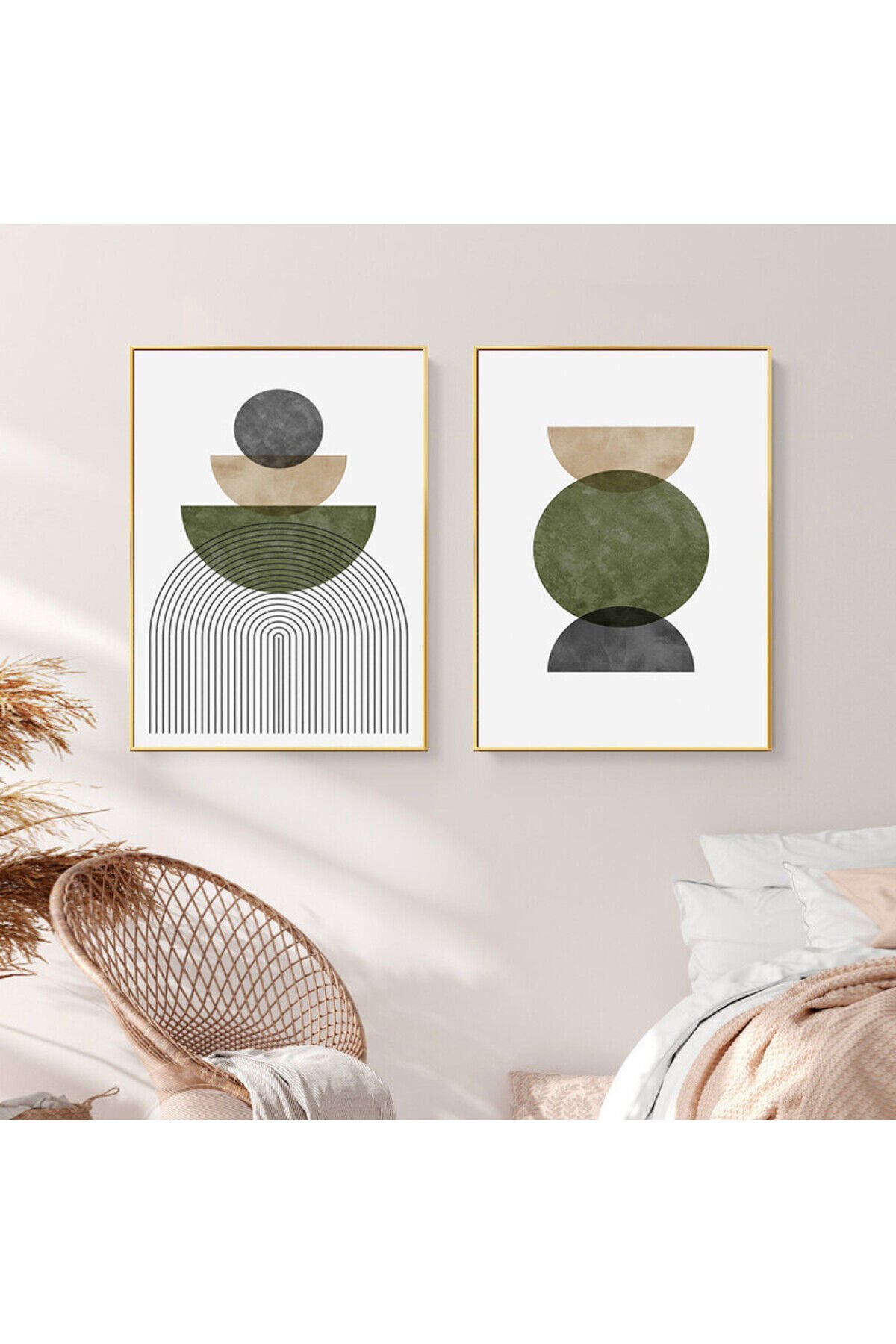 İkili Gold Metal Çerçeveli Soyut Yeşil Cam Tablo Seti