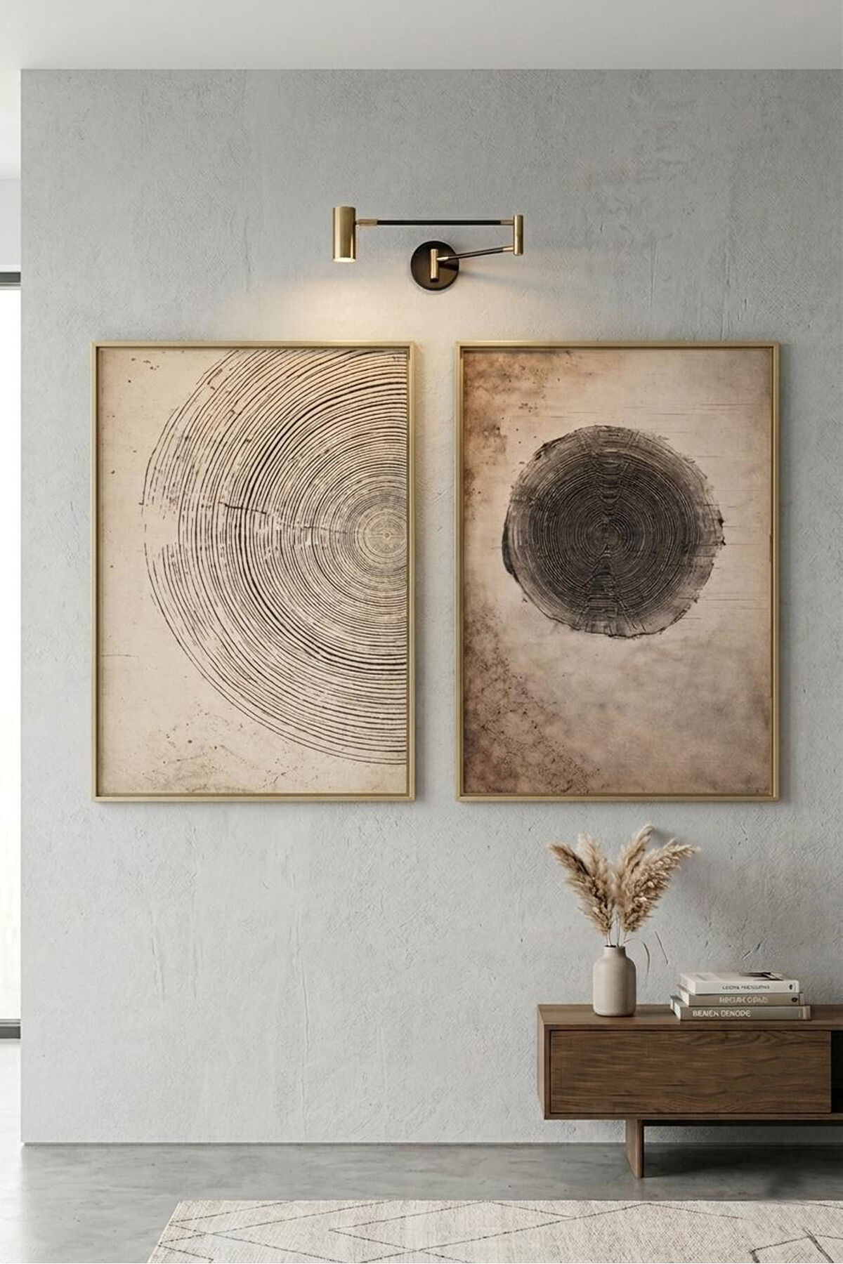 Gold Çerçeveli 2’li Modern Ağaç Halkası ve Kütük Kesitli Camlı Tablo Seti
