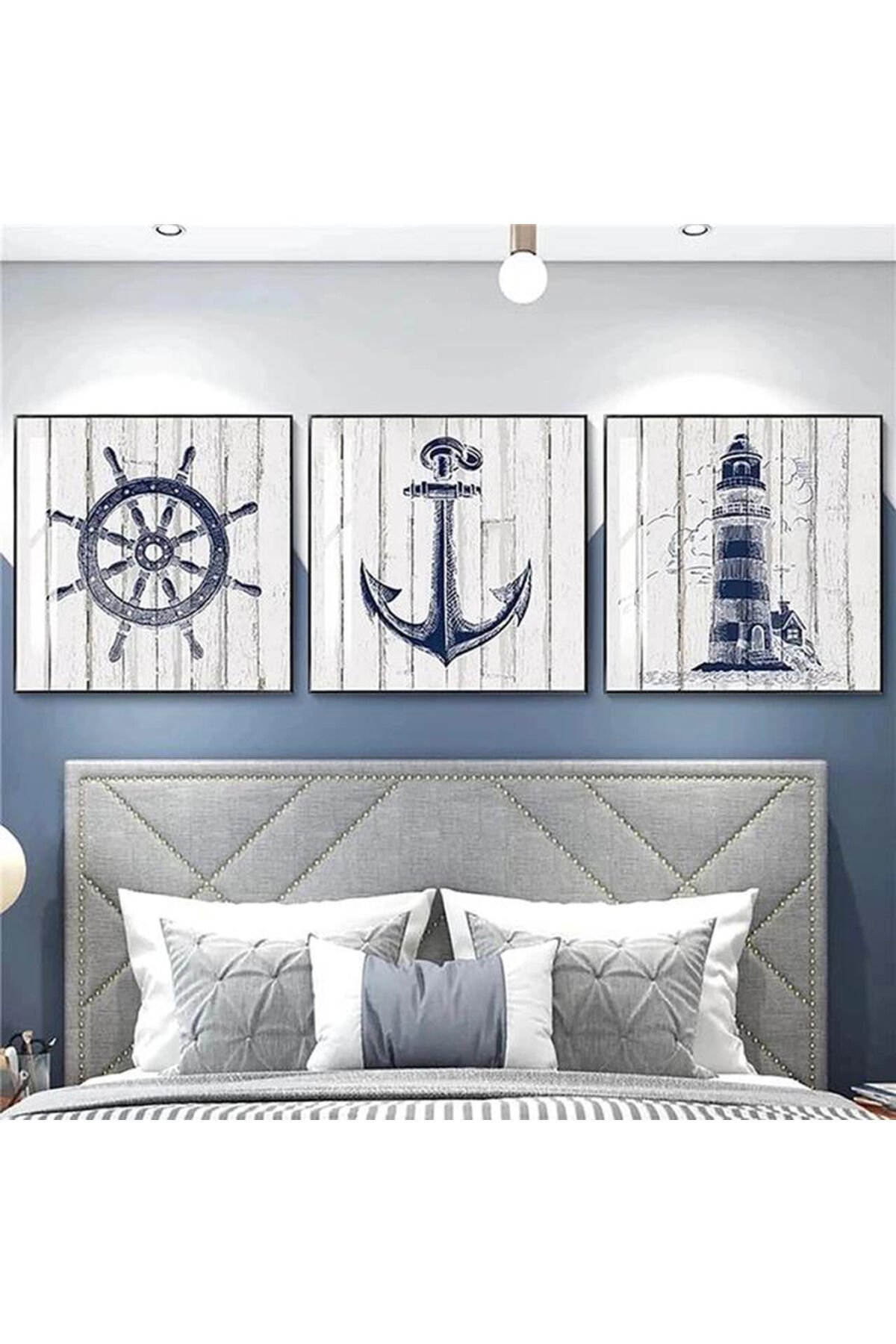 3lü Siyah Metal Çerçeve Gemi Deniz Dümen Cam Tablo Seti