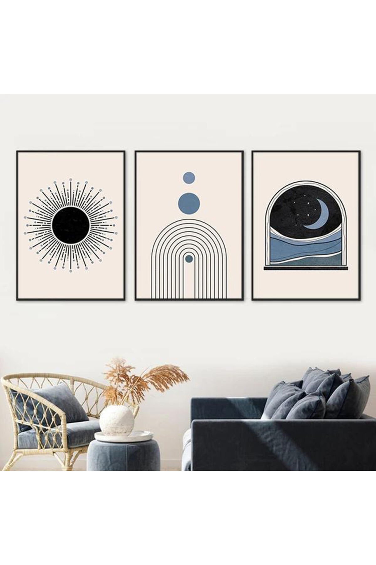 3lü Siyah İnce Metal Çerçeve Geometrik Cam Tablo Seti