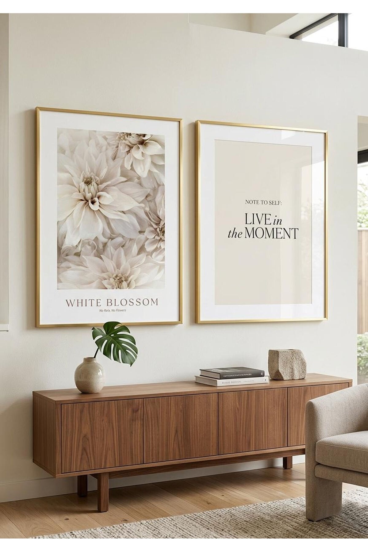 Gold Metal Gold Çerçeveli 2’li White Blossom & Live In The Moment Tablo Seti