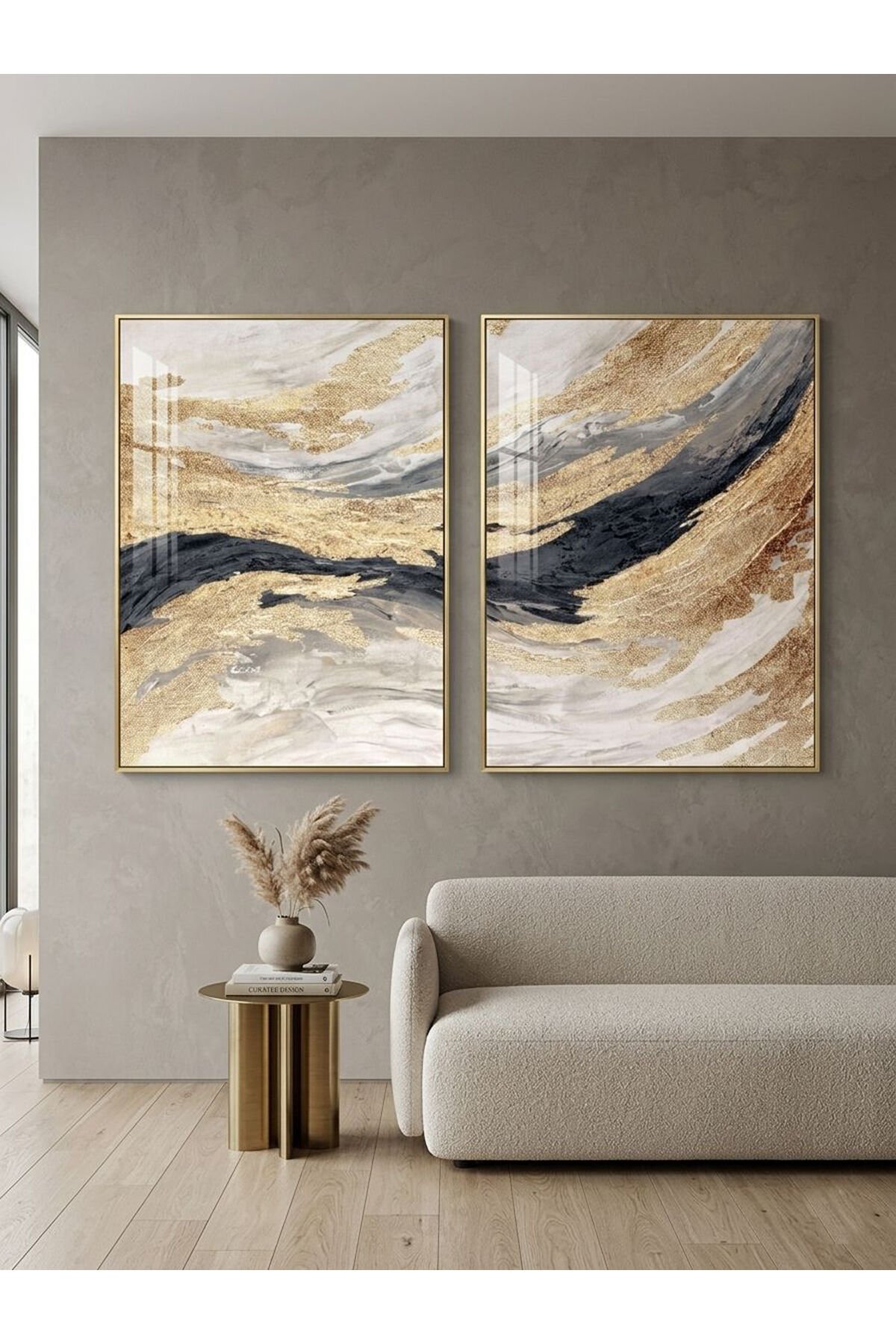 Lüks Gold Metal Çerçeveli 2’li Soyut Altın Dalgalı Salon Camlı Tablo Seti