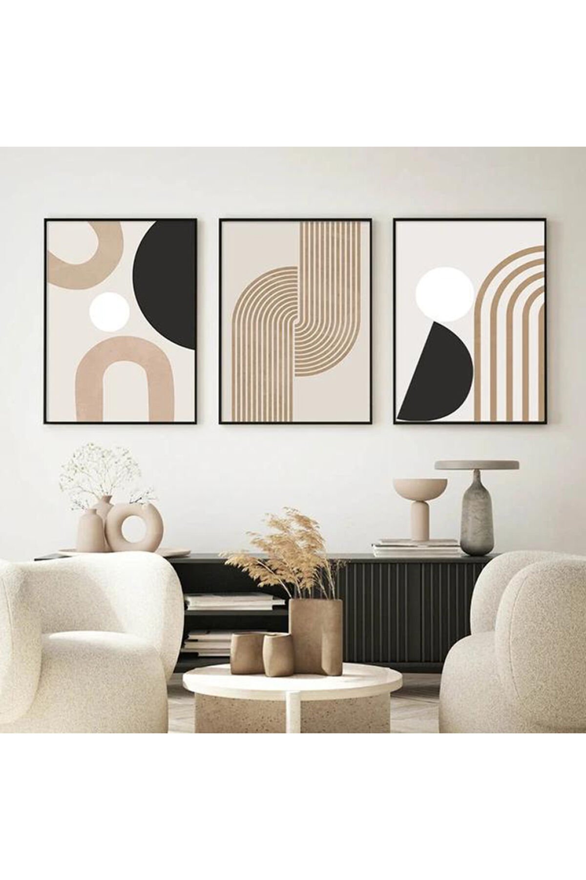 3lü Siyah İnce Metal Çerçeve Siyah Krem Cam Tablo Seti