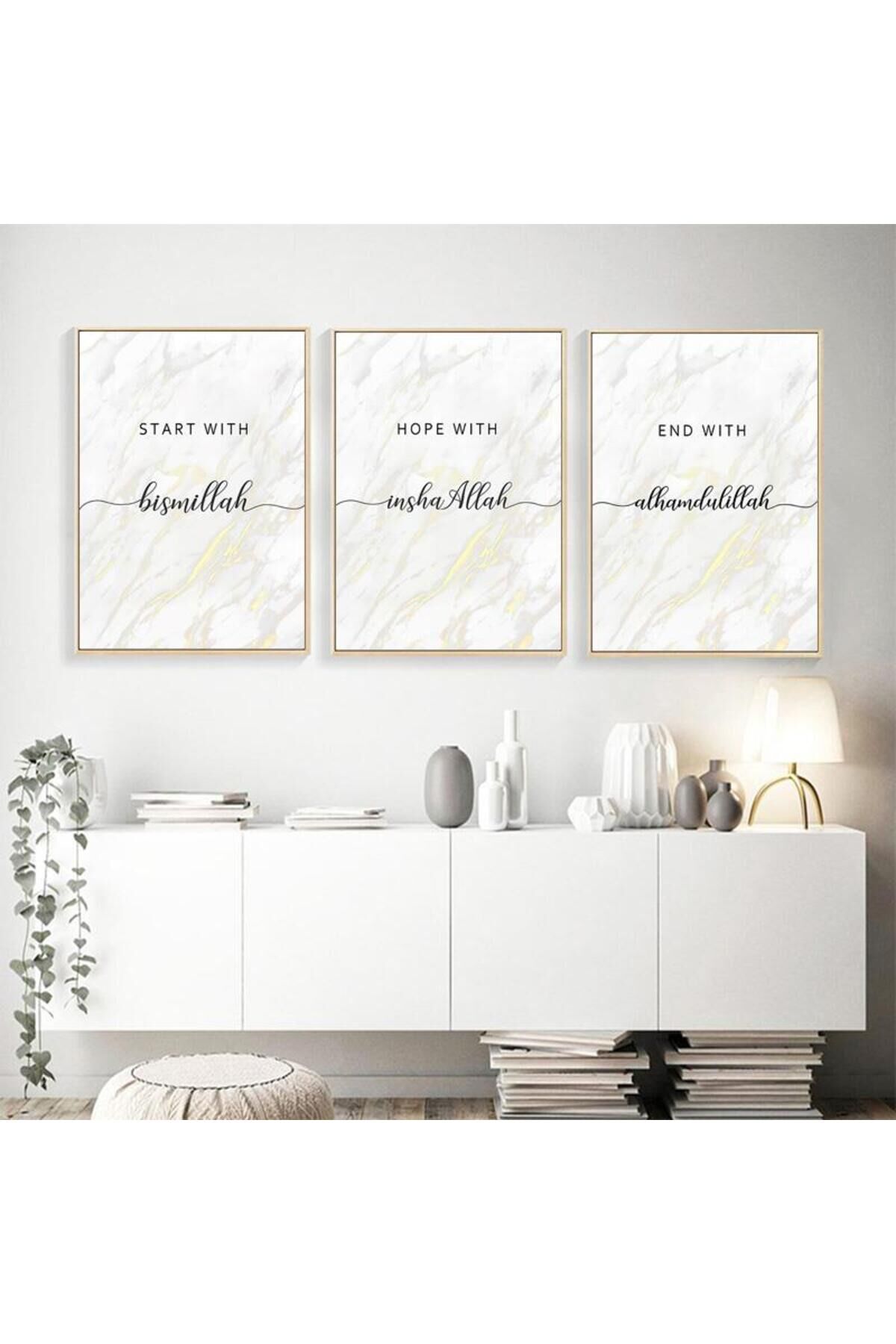 Üçlü Gold Metal Çerçeveli İslami Modern İngilizce Cam Tablo Seti