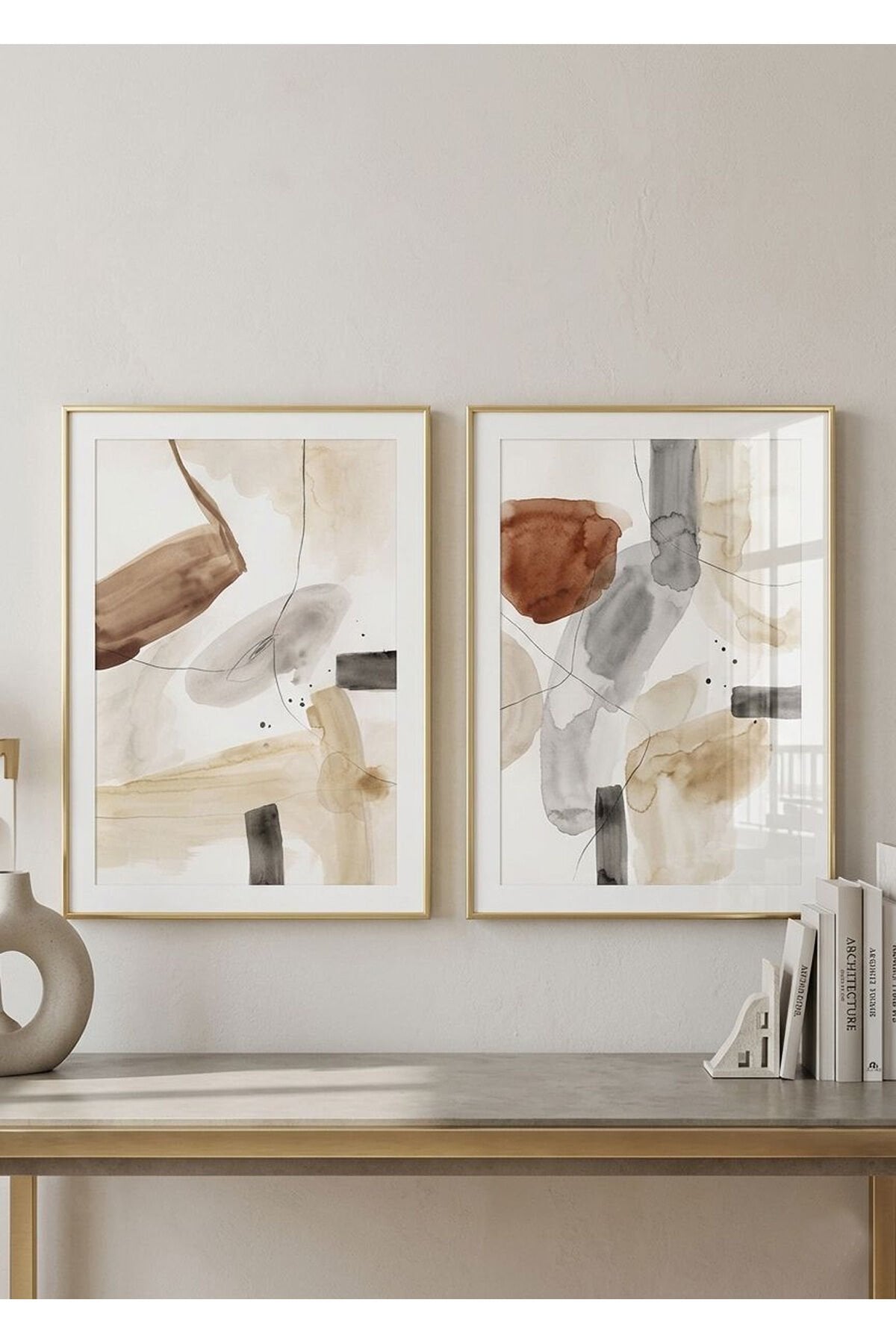 Gold Çerçeveli 2’li Soyut Suluboya Desenli Toprak Tonları Duvar Dekoru Poster Tablo Seti