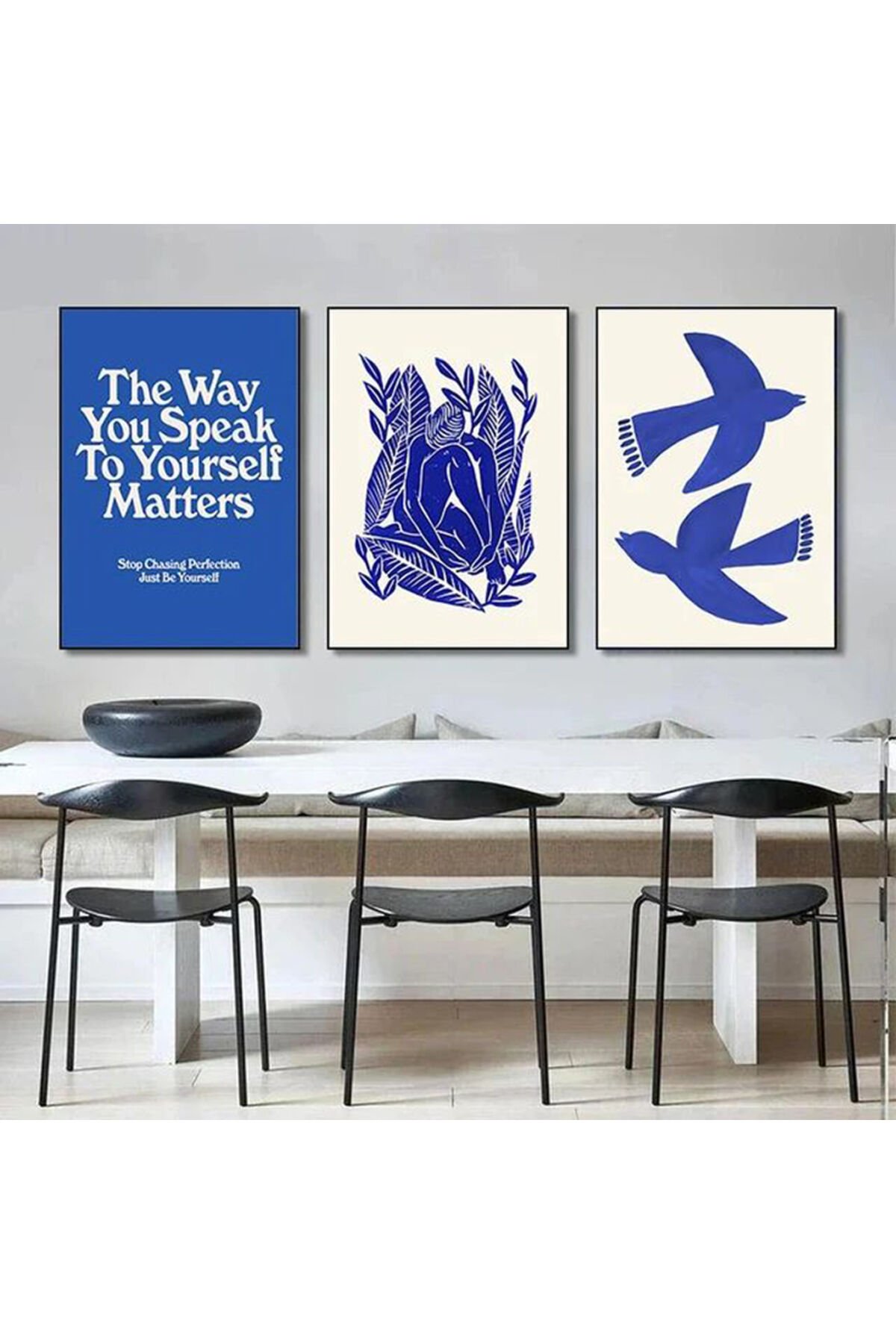 3lü Siyah Metal Çerçeve Mavi Kuşlar Tarz Cam Tablo Seti