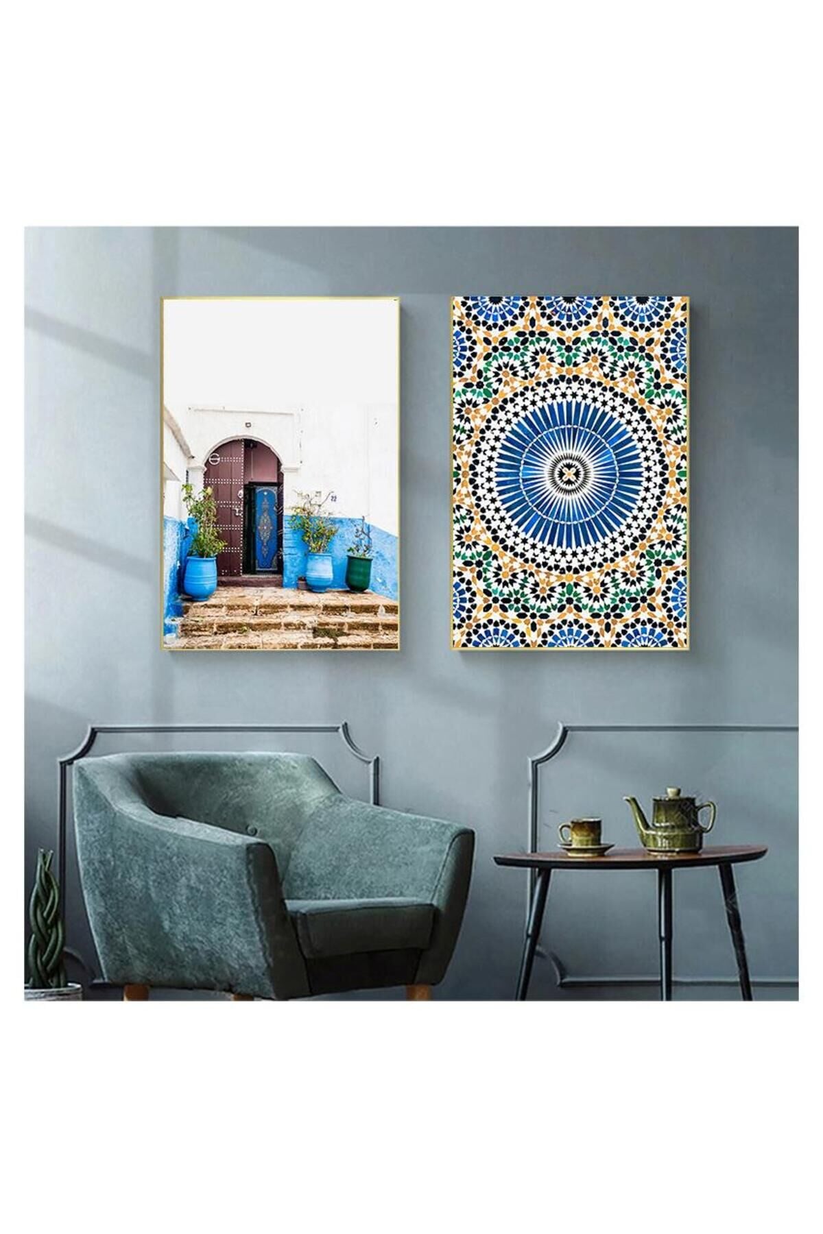 İkili Gold Metal Çerçeveli Mavi Kapı Çini Tablo Seti