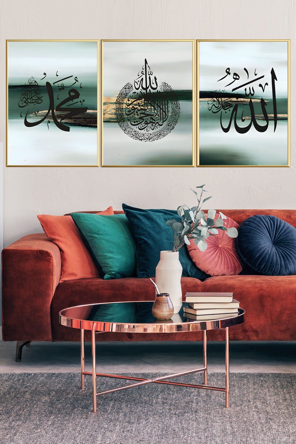 Üçlü Gold Metal Çerçeveli İslami Dua Yeşil Cam Tablo Seti