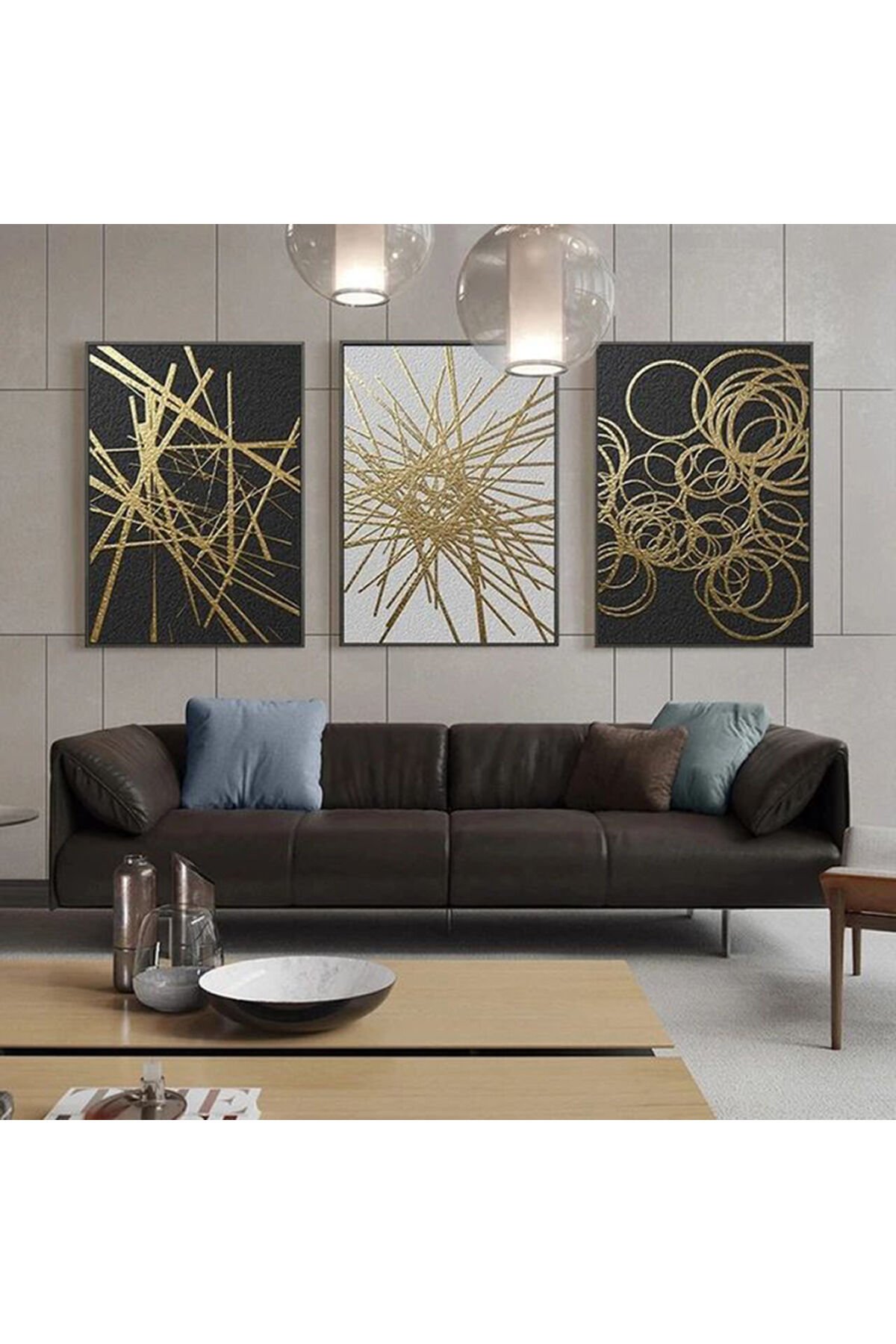 3lü Siyah İnce Metal Çerçeve Gold Çizgi Cam Tablo Seti