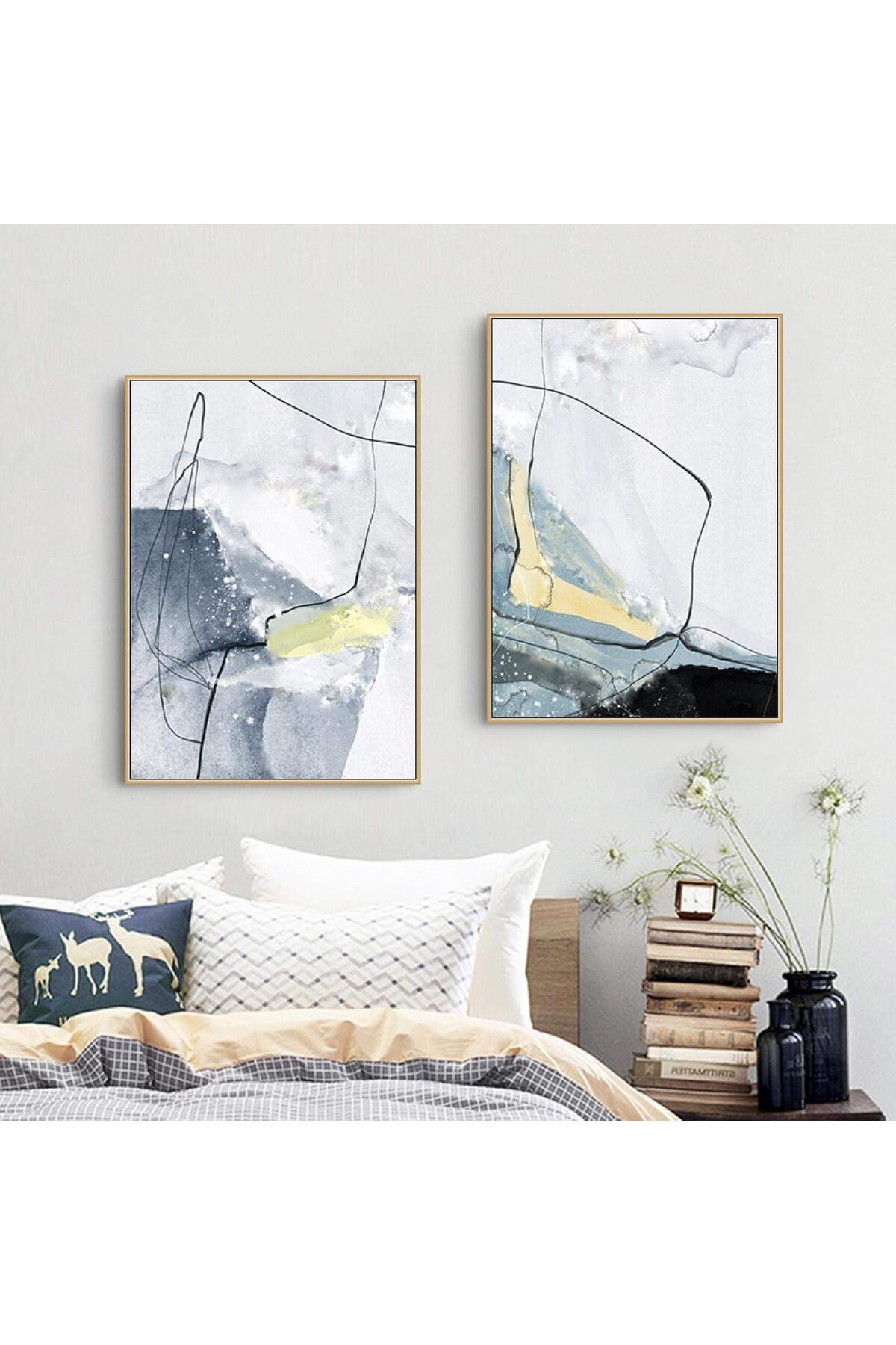 İkili Gold İnce Metal Çerçeve Soyut Mavi Cam Poster Tablo Seti