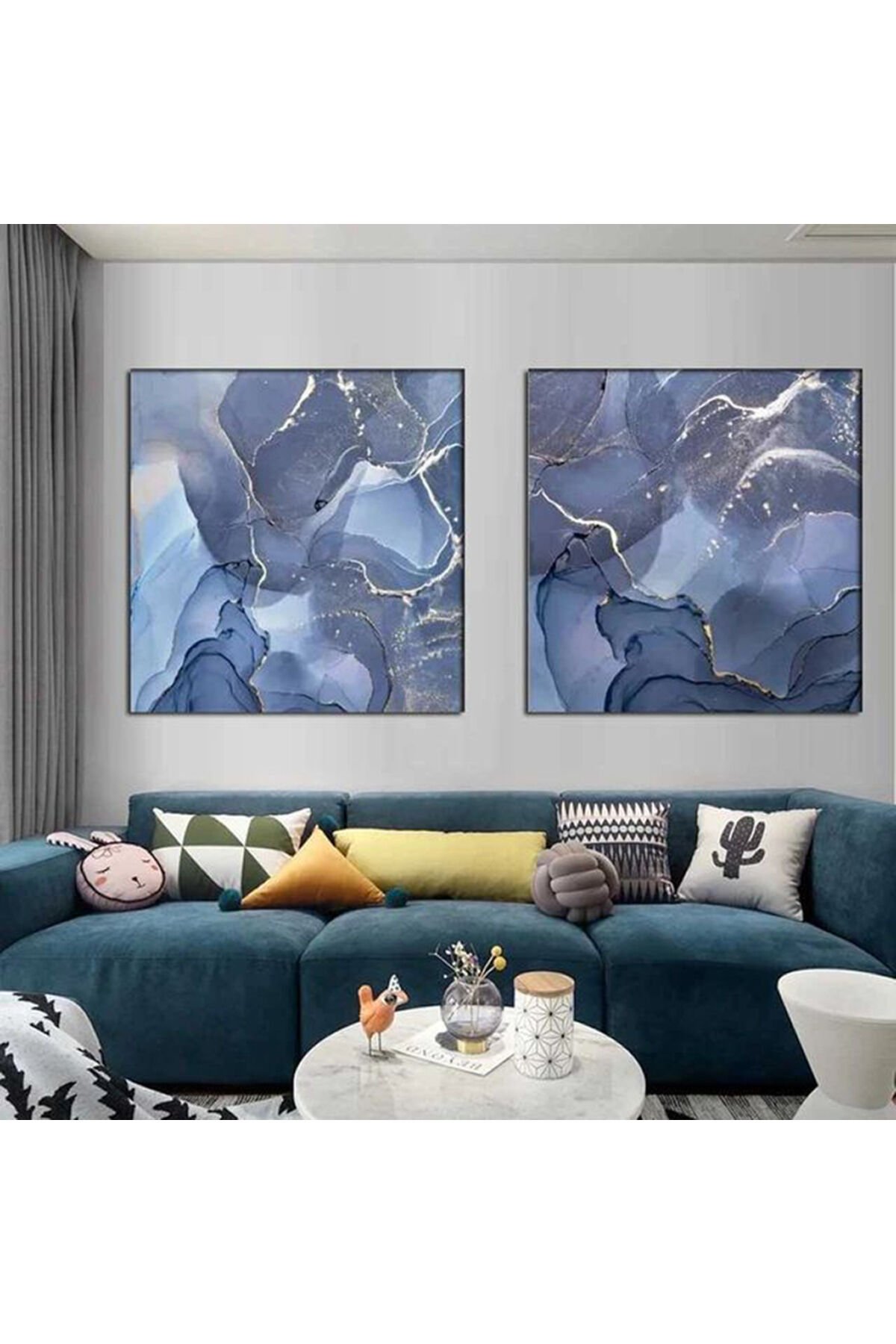 İkili Siyah Metal Çerçeveli Kare Mavi Mermer Cam Tablo Seti