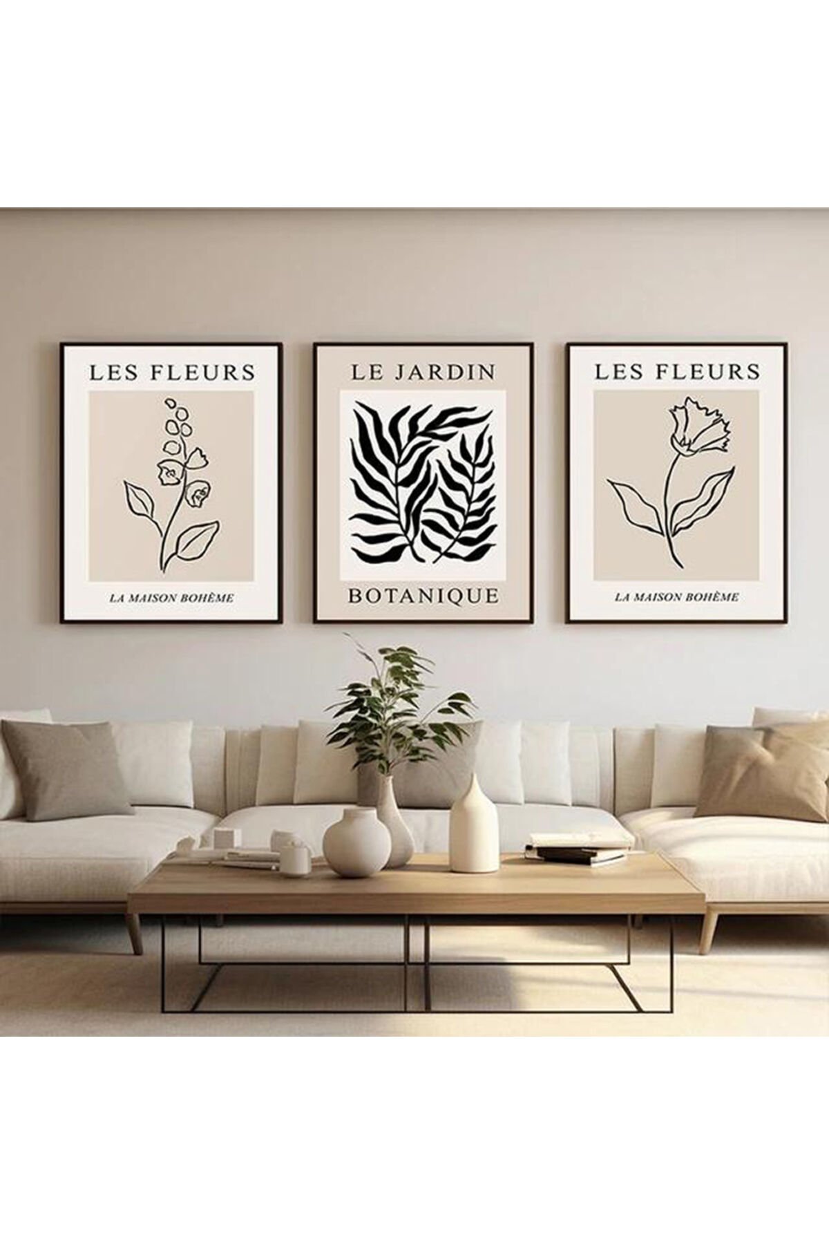 3lü Siyah Metal Çerçeve Gri Çiçek Botanik Cam Tablo Seti