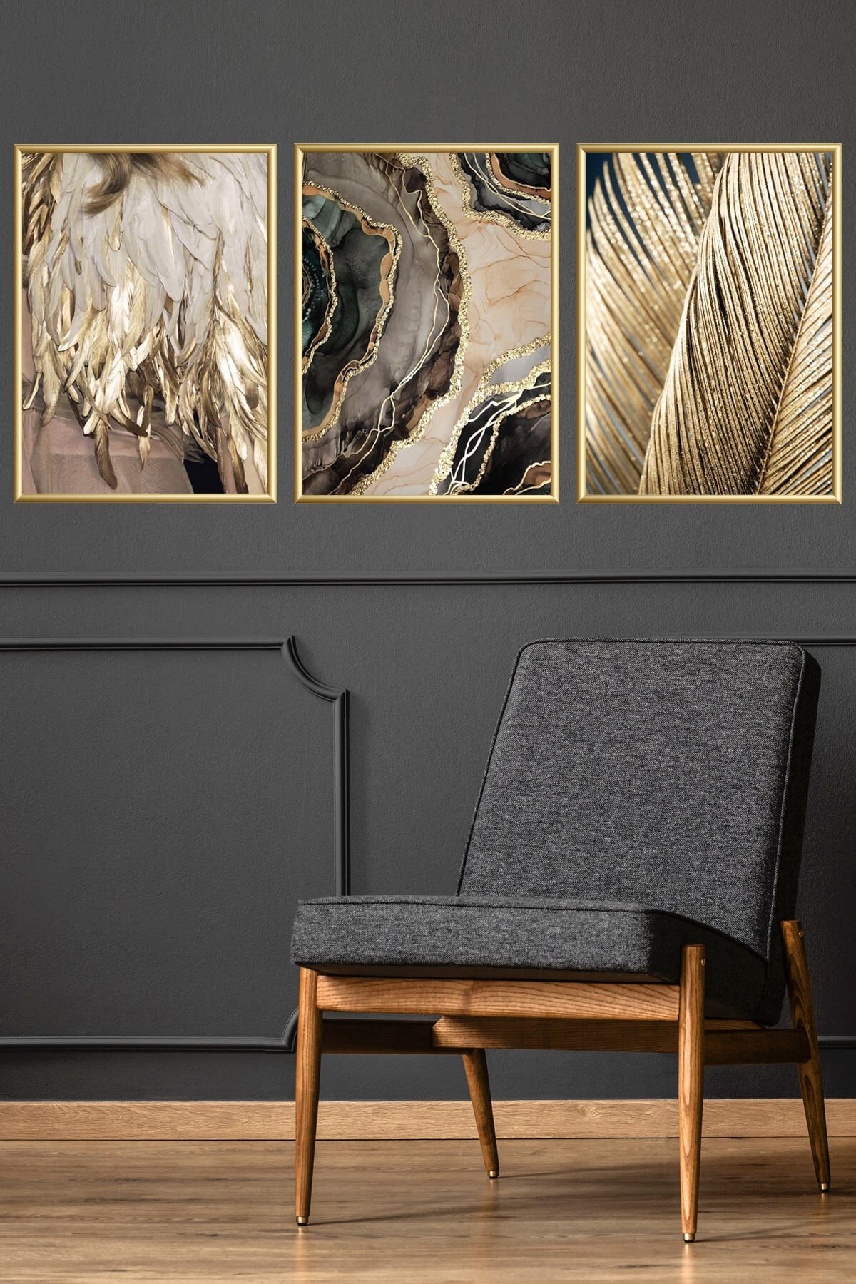 Üçlü Gold Metal Çerçeve Palmiye Yaprak Mermer Cam Poster Tablo Seti