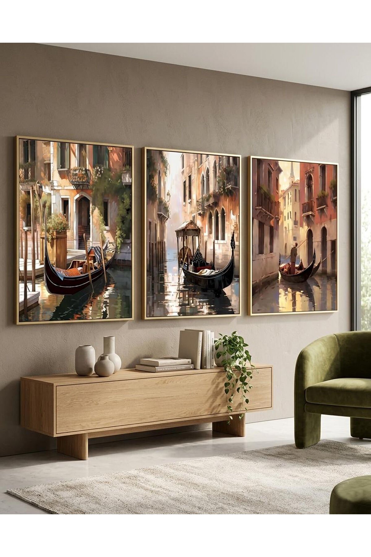 Gold Çerçeveli 3’lü Venedik Kanal Manzarası Salon Duvar Dekorur Camlı Tablo Seti Gold - 30 X 40