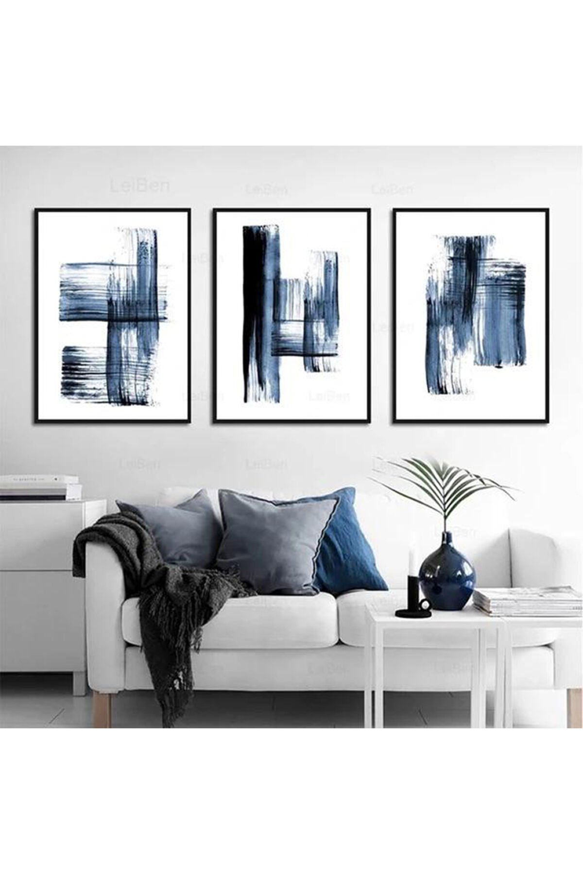Üçlü İnce Siyah Metal Çerçeve Mavi Tarz Camlı Tablo Seti