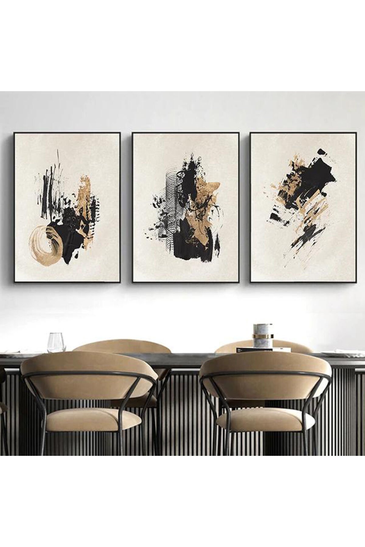 Üçlü İnce Siyah Metal Çerçeve Sarı Camlı Tablo Seti