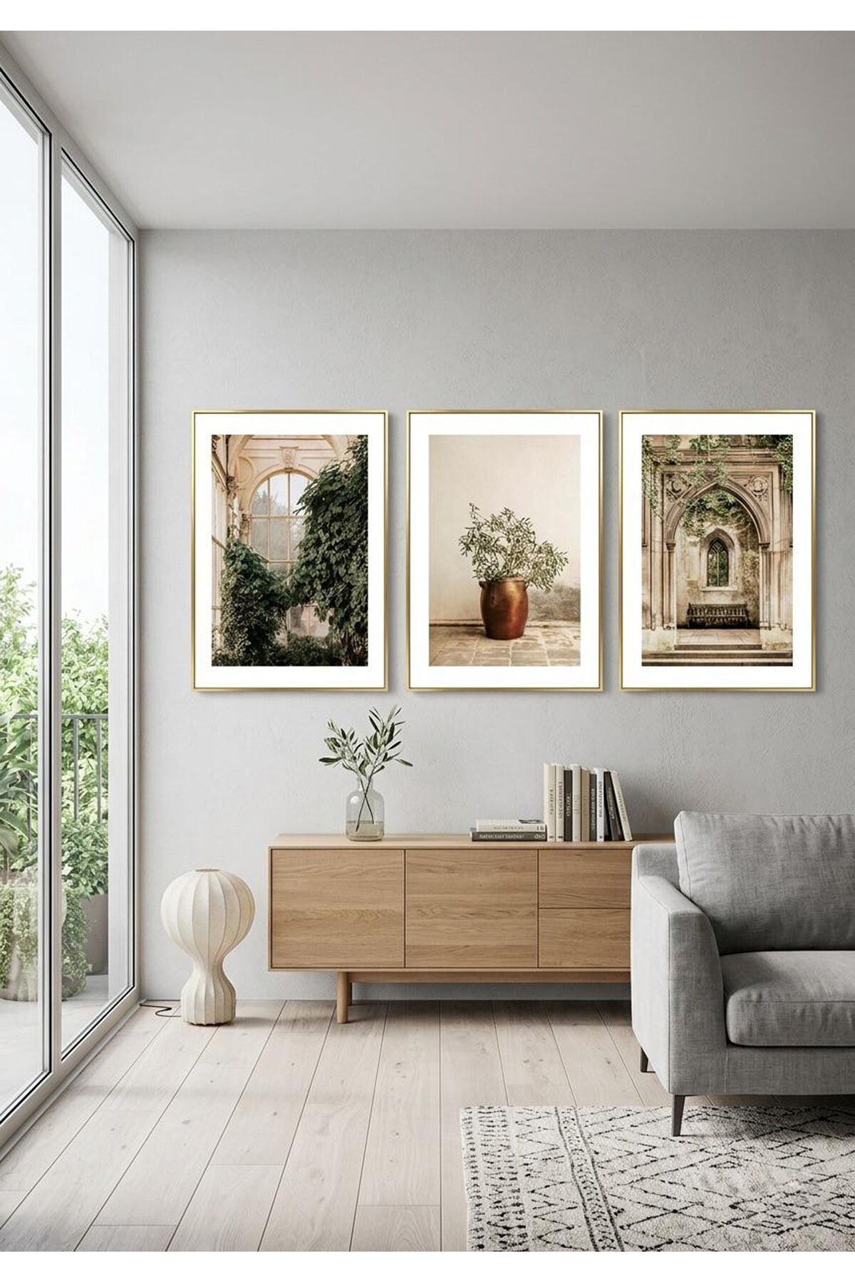 Gold Metal Çerçeveli 3’lü Botanik ve Mimari Temalı Salon Camlı Tablo Seti Gold - 60 X 90