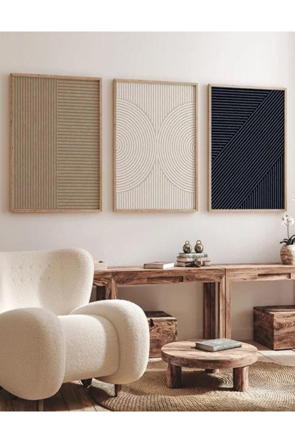 Üçlü Gold Metal Çerçeveli Desen Baskı Çizgi Cam Tablo Seti