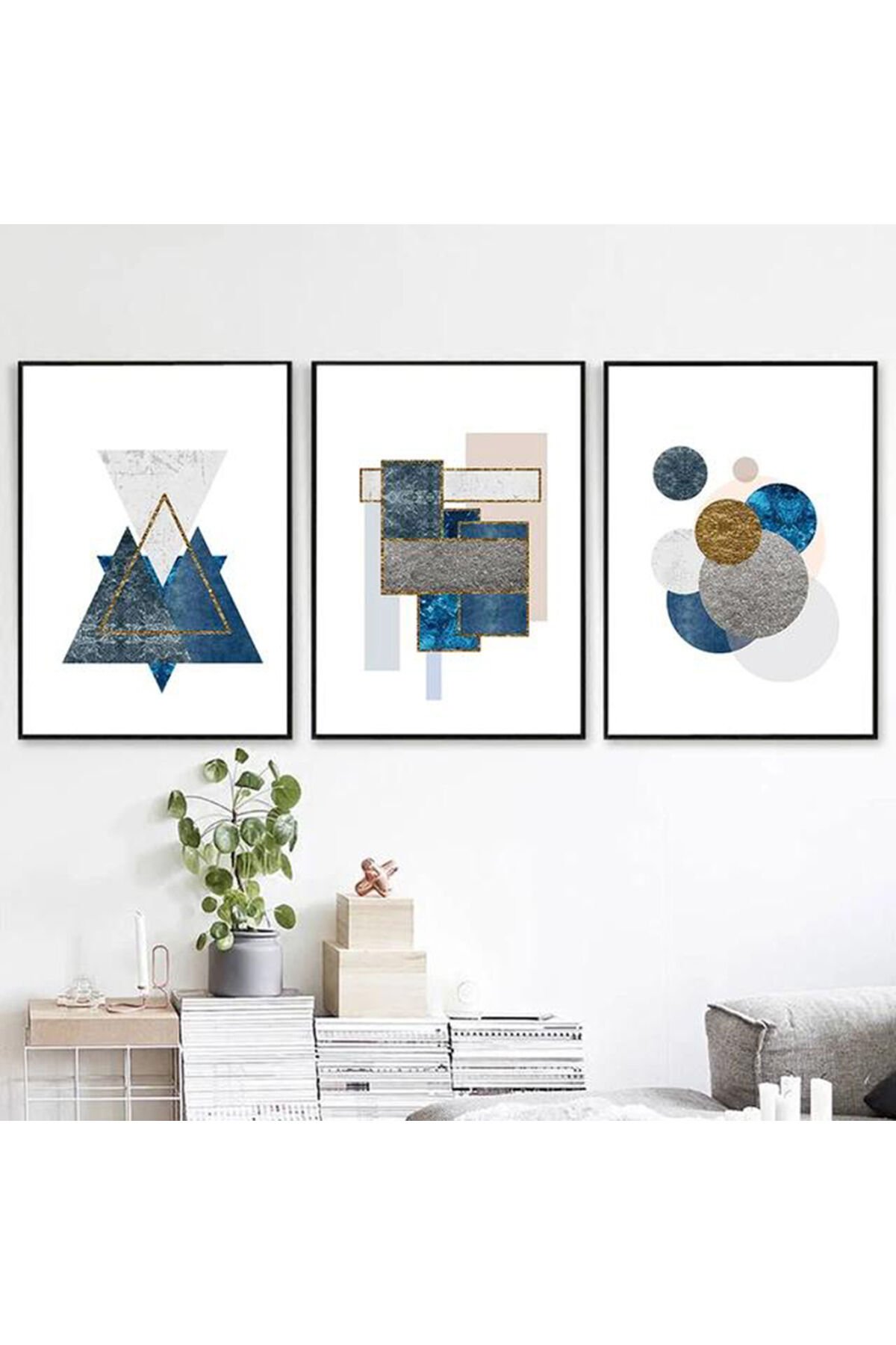 Üçlü Siyah Metal Çerçeve Geometrik Trend Camlı Tablo Seti