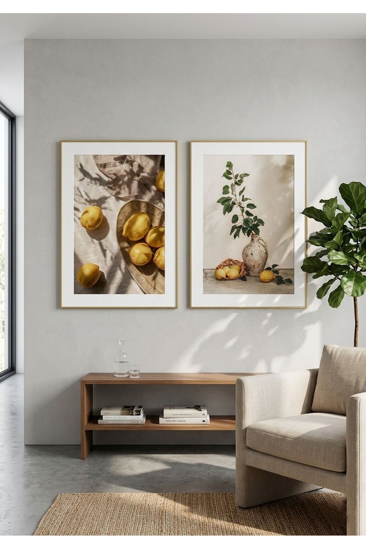 Gold Metal Çerçeveli 2’li Limon ve Natürmort Modern Mutfak ve Salon Tablo Seti Gold - 40 X 60