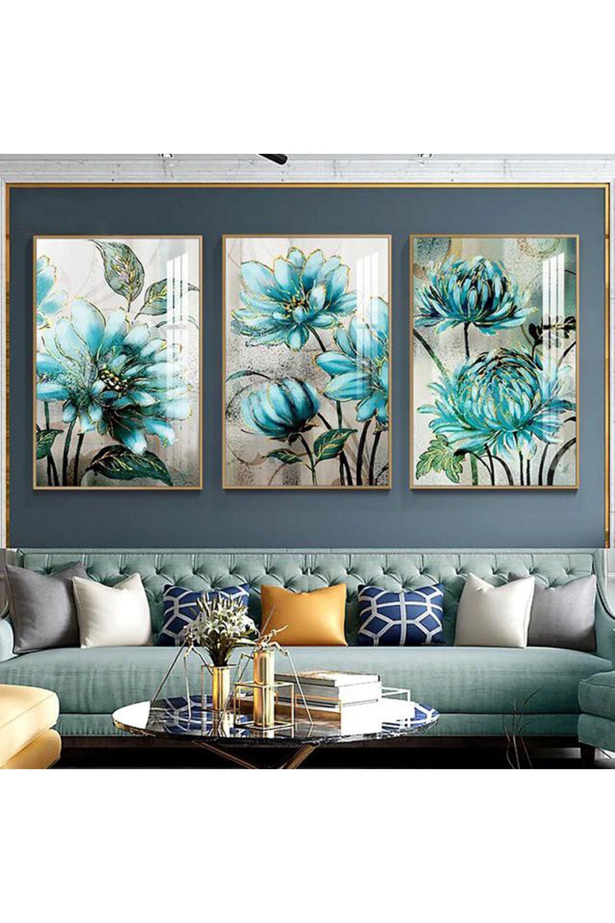Üçlü Gold Metal Çerçeve Mavi Çiçekler Cam Tablo Seti