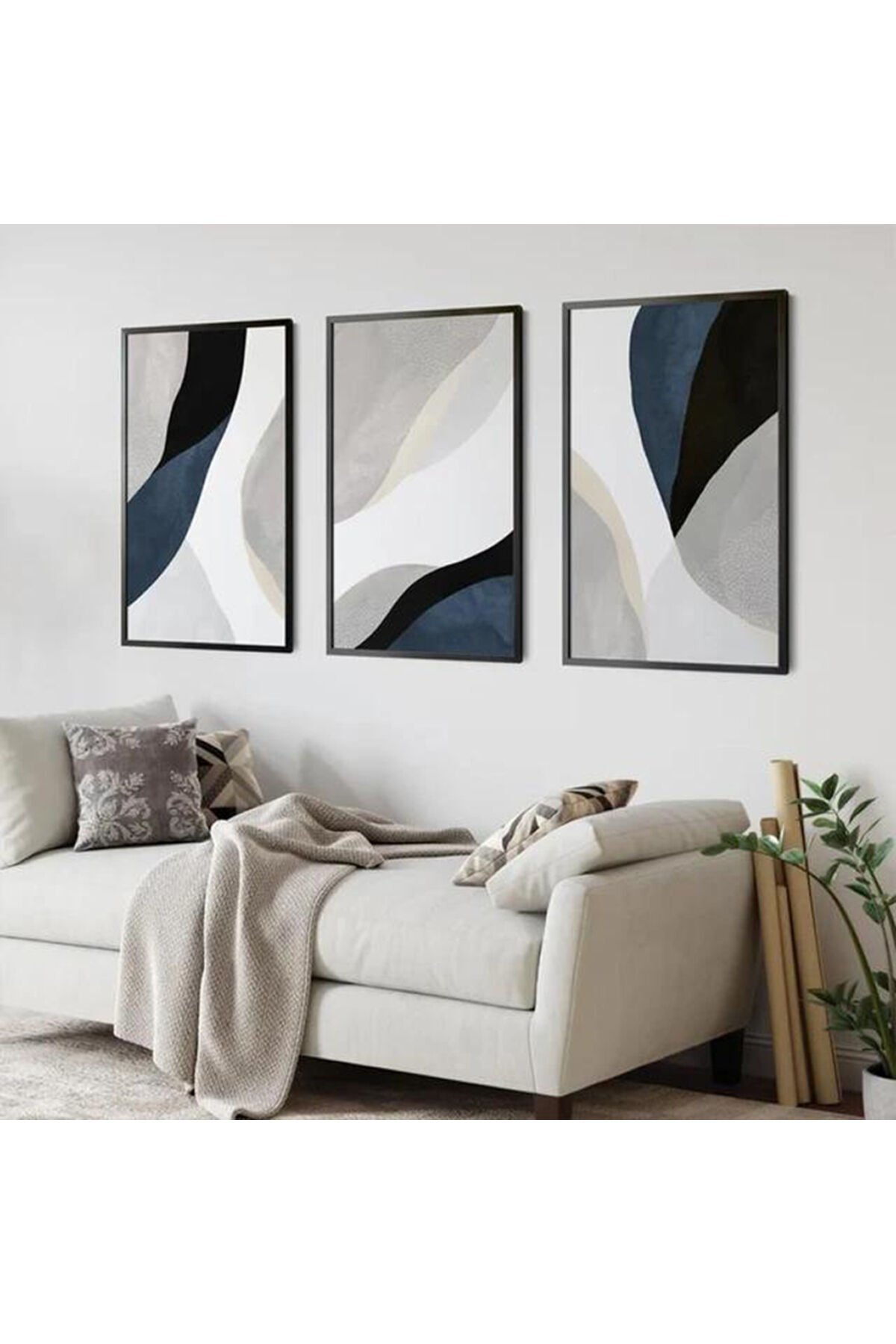 Üçlü İnce Siyah Metal Çerçeve Mavi Gri Camlı Tablo Seti