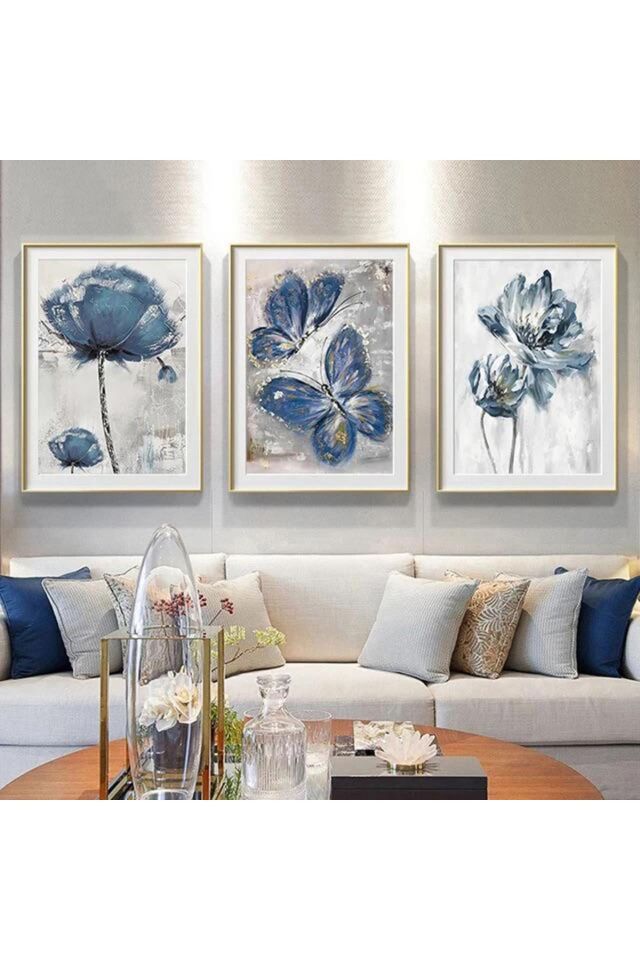 Üçlü Gold Metal Çerçeve Mavi Çiçek Doğa Cam Tablo Seti