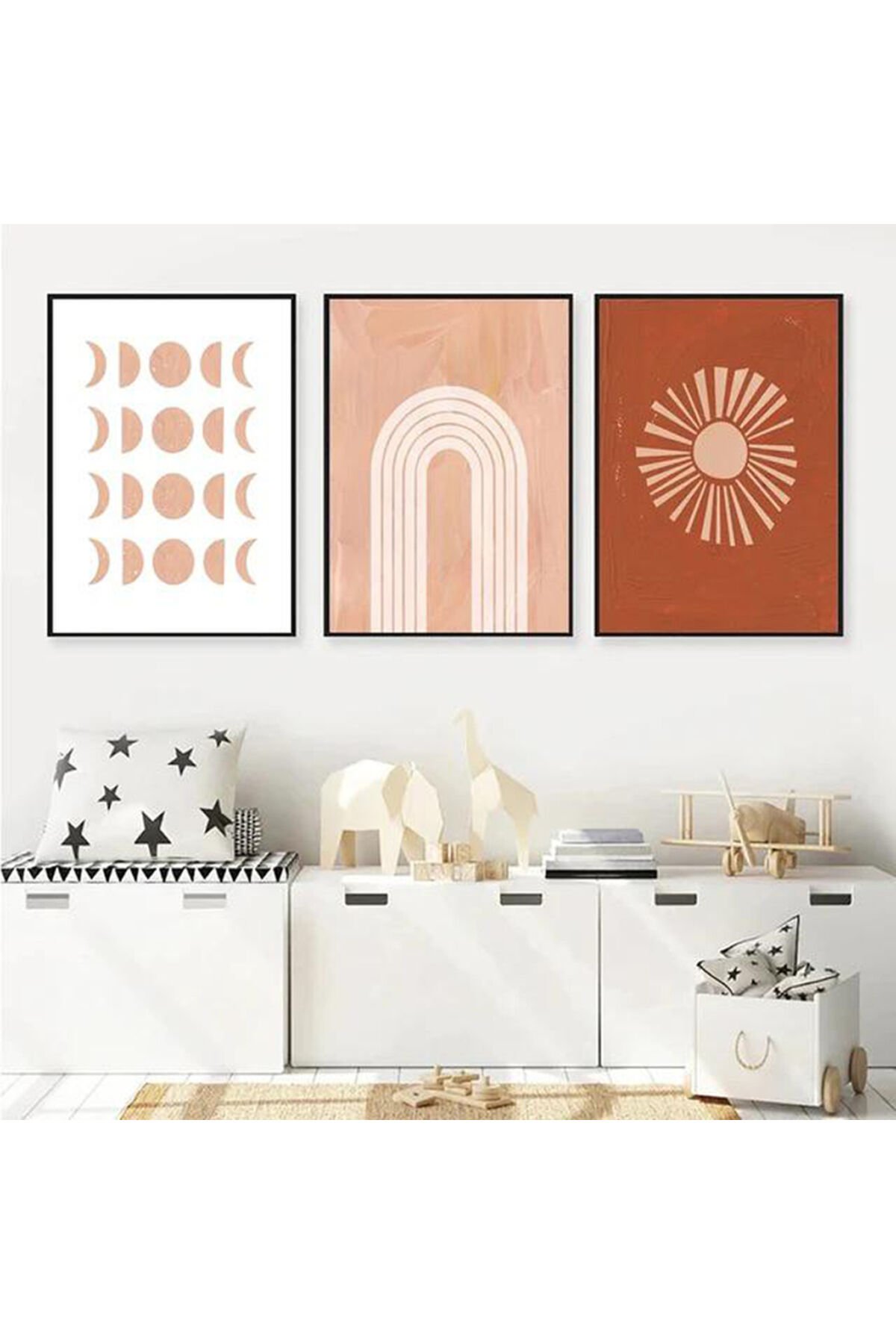 Üçlü Siyah Metal Çerçeve Kahve Bohem Camlı Tablo Seti