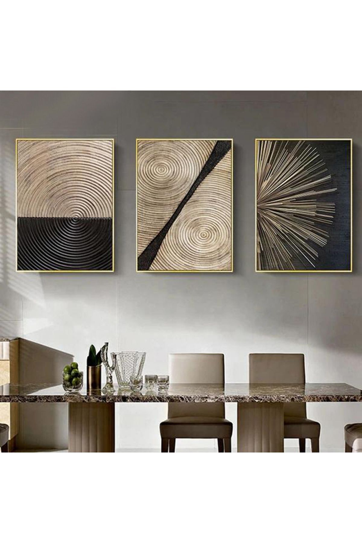 Üçlü Gold Metal Çerçeve Siyah Kahve Cam Tablo Seti