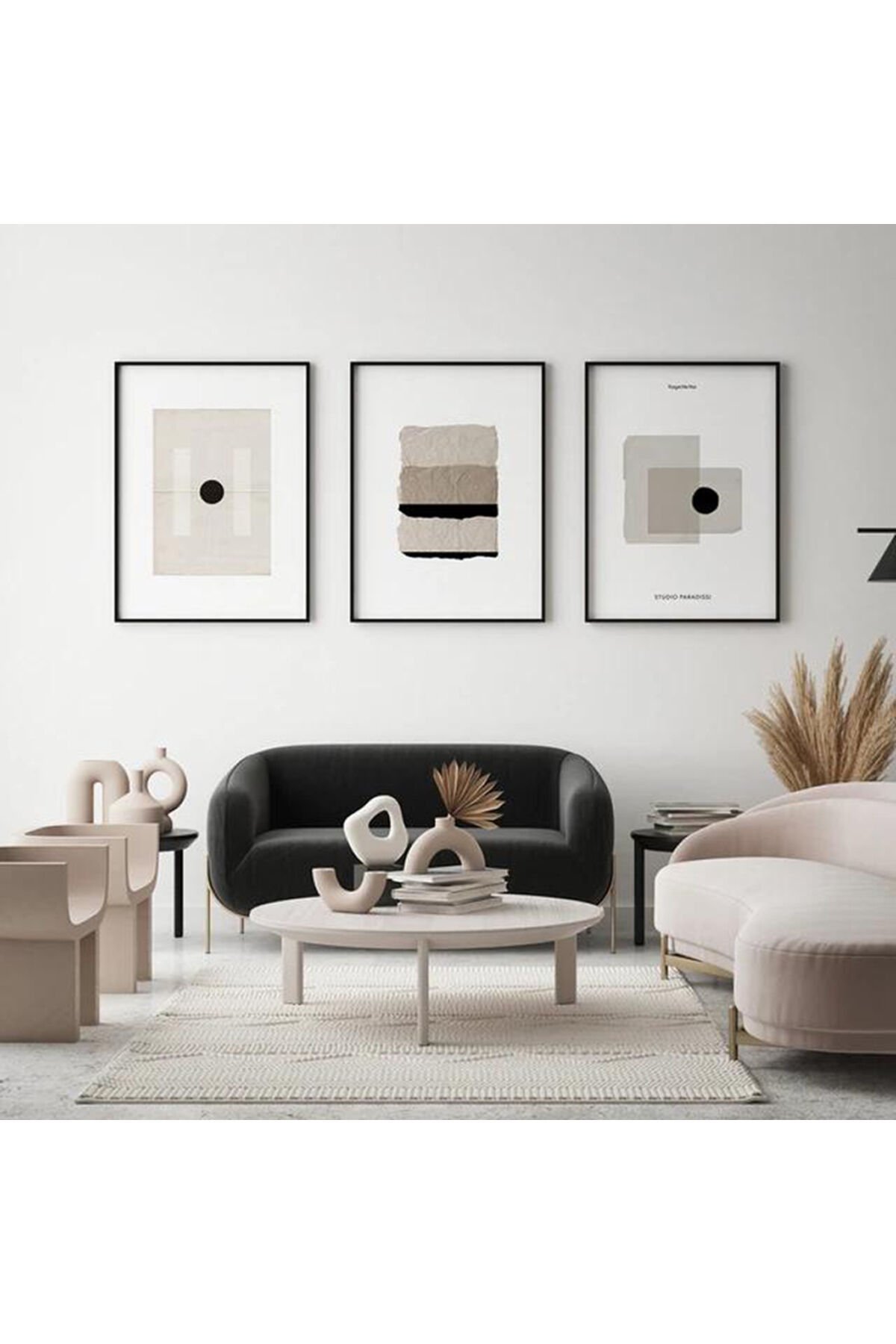 Üçlü İnce Siyah Metal Çerçeve Trend Gri Camlı Tablo Seti