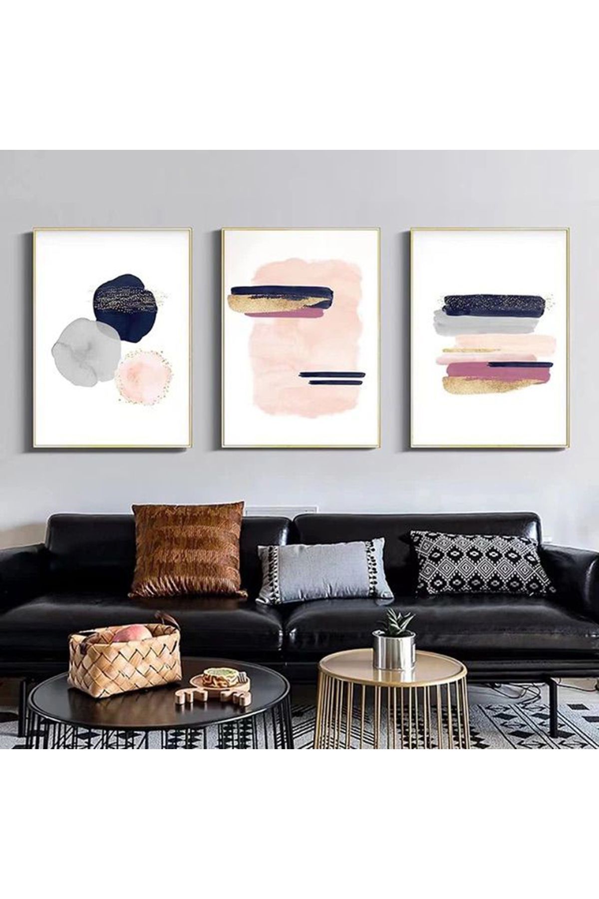 Üçlü Gold Metal Çerçeve Soyut Beyaz Pembe Cam Tablo Seti