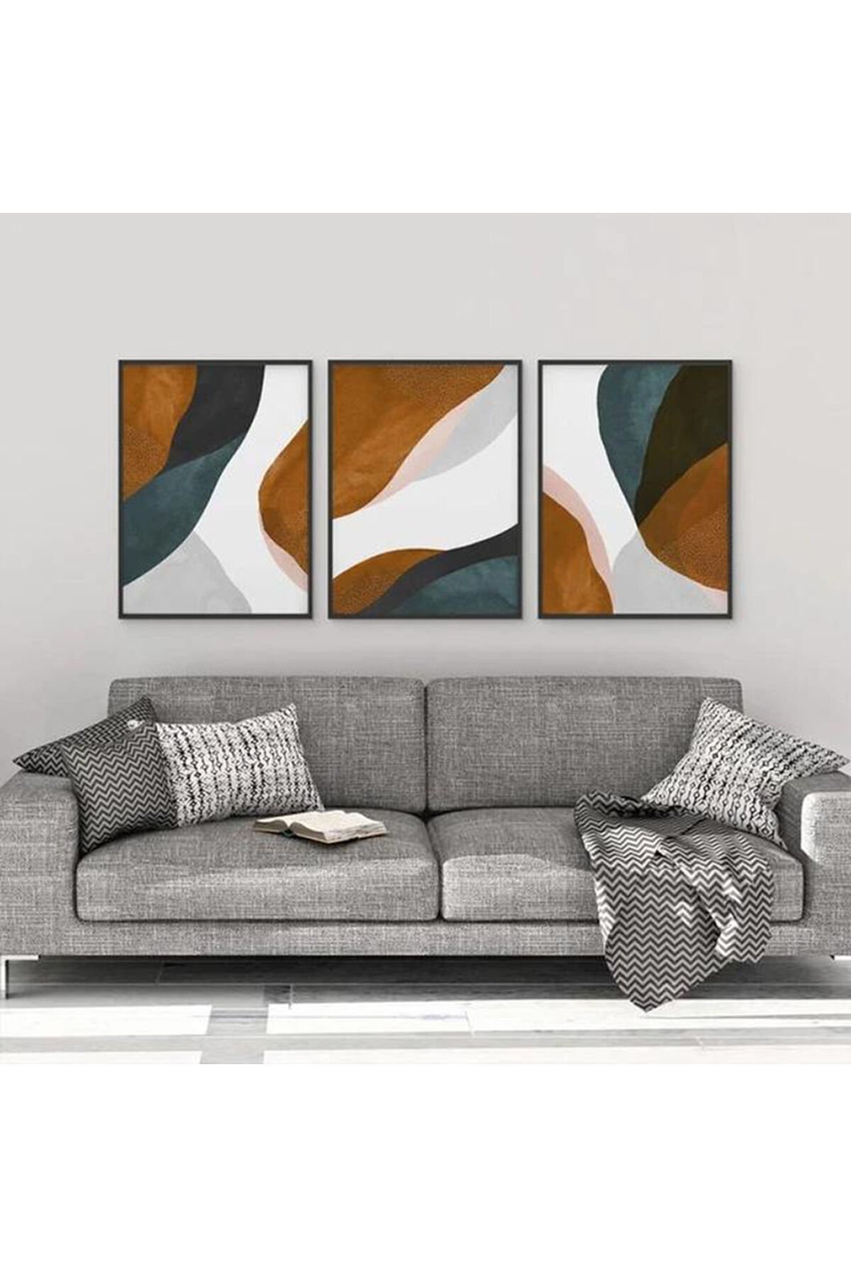 Üçlü Trend Siyah Metal Çerçeve Kahve Yeşil Camlı Tablo Seti