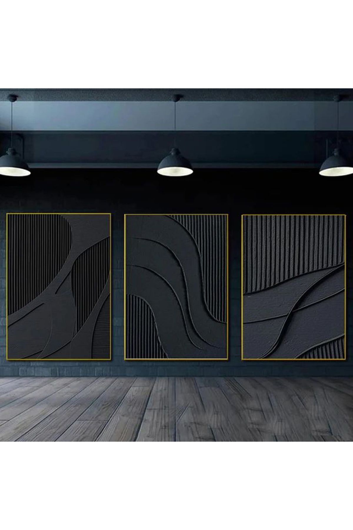 Üçlü Gold Metal Çerçeve Siyah Antrasit Tarz Cam Tablo Seti