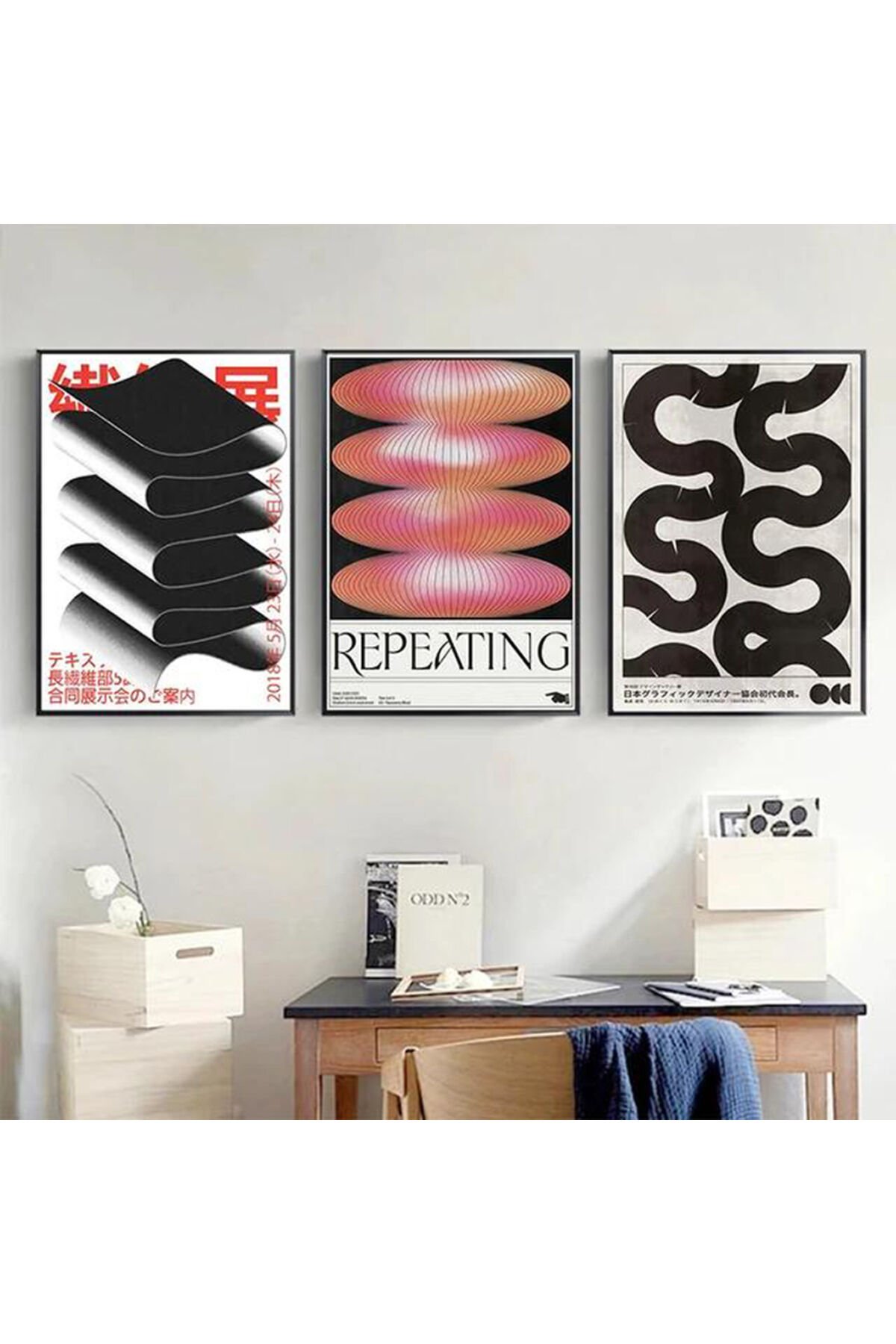 Üçlü İnce Siyah Metal Çerçeve Bauhaus Mimari Camlı Tablo Seti