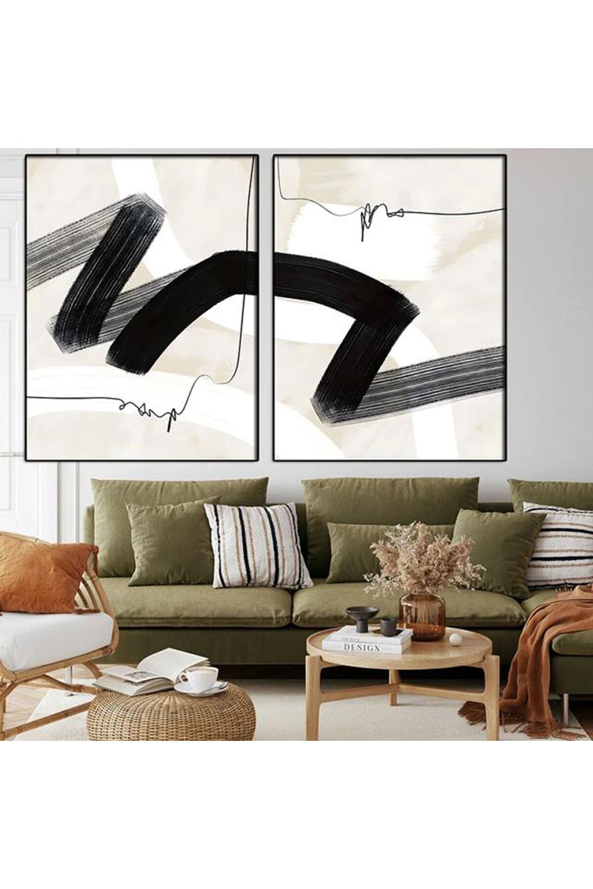 İkili Siyah Metal Çerçeveli Modern Stil Beyaz Cam Tablo Seti