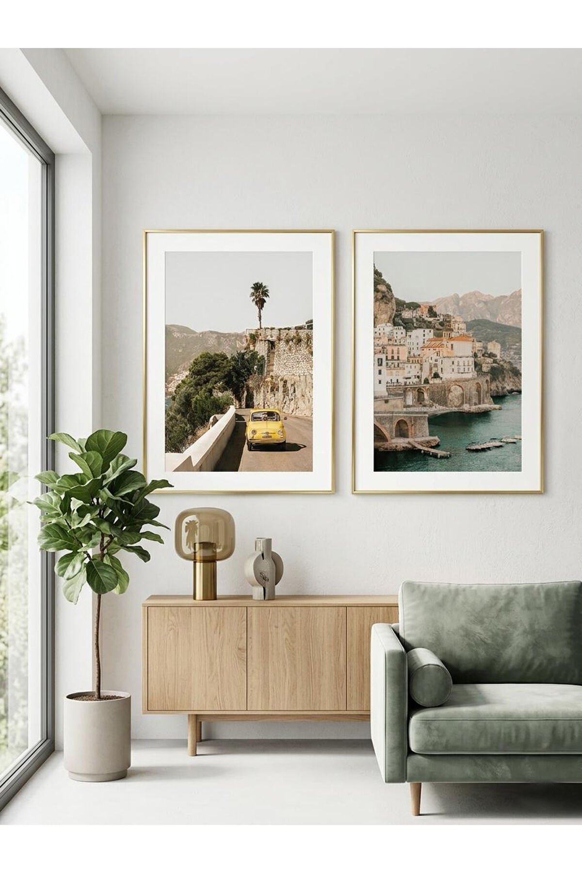 Gold Çerçeveli 2’li Amalfi Sahili ve İtalyan Klasik Araba Manzaralı Tablo Seti Gold - 30 X 40