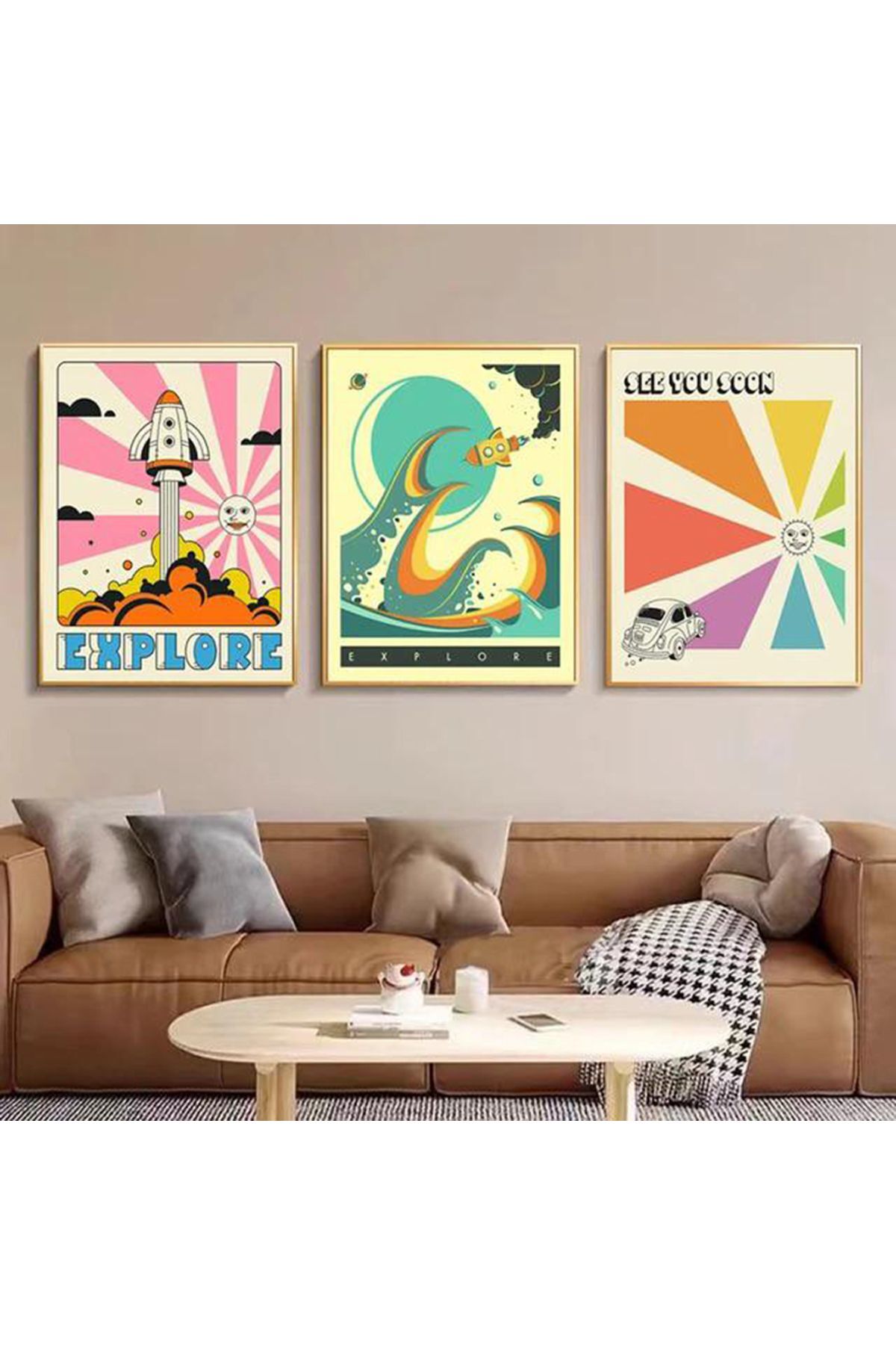 Üçlü Gold Metal Çerçeve Renkli Canlı Retro Cam Tablo Seti