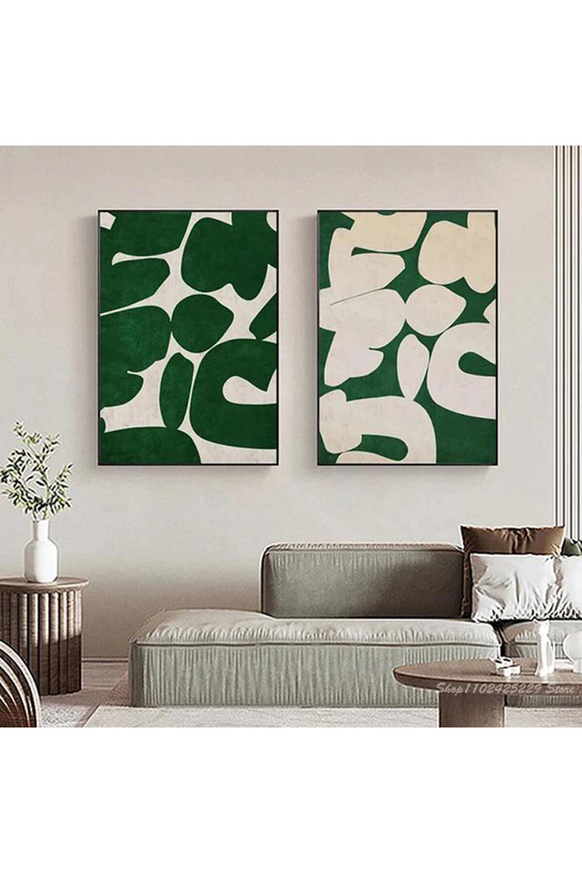 İkili Siyah Metal Çerçeveli Yeşil Beyaz Moda Poster Cam Tablo Seti