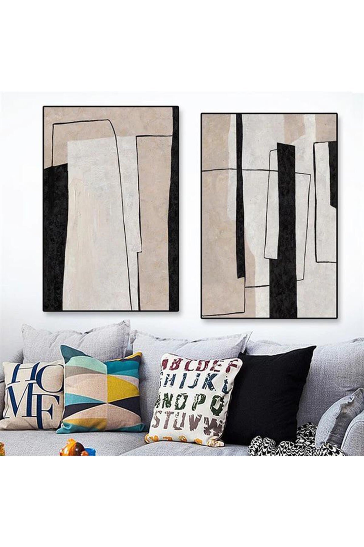 İkili Siyah Metal Çerçeveli Sanatsal Trend Gri Poster Cam Tablo Seti