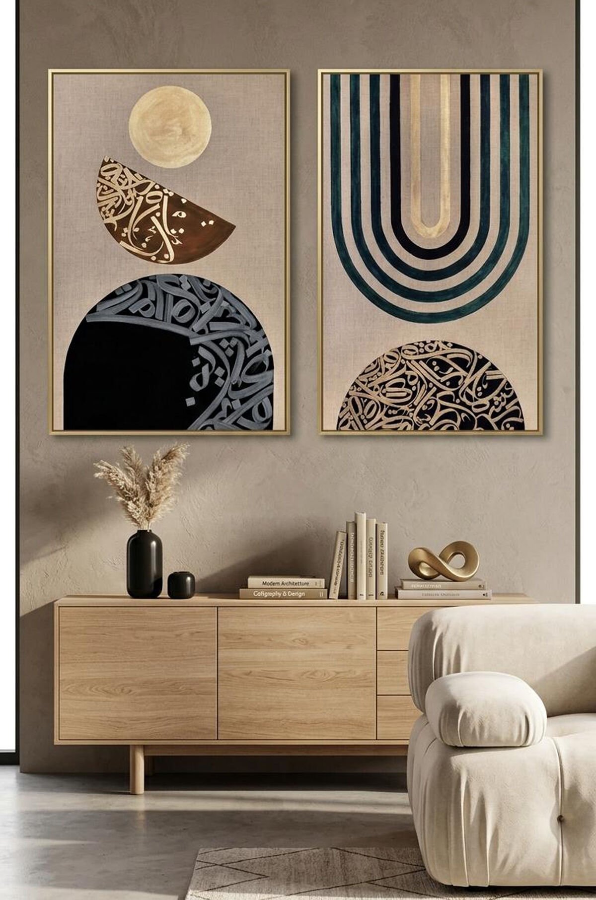 Gold Çerçeveli 2’li Modern İslami Hat Soyut Arapça Kaligrafi Salon Tablo Seti Gold - 50 X 70